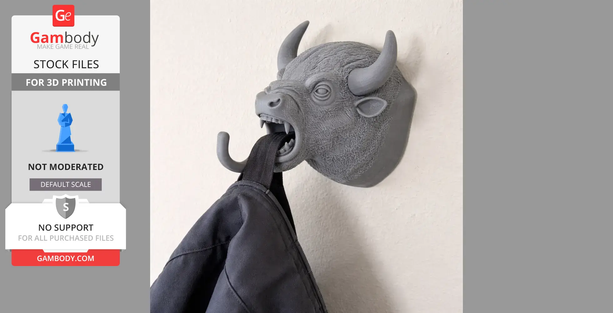 A buffalo head wall hanger with hooks holds a jacket, designed for coat and key storage.