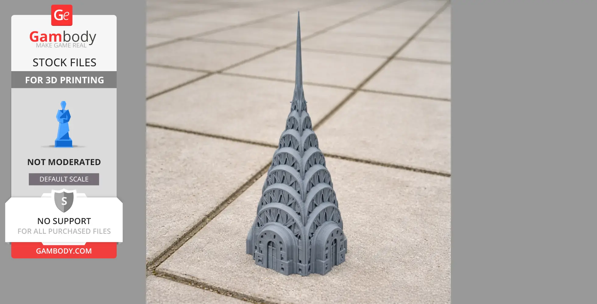 3D-printed model of the Chrysler Building's spire on a tiled surface.