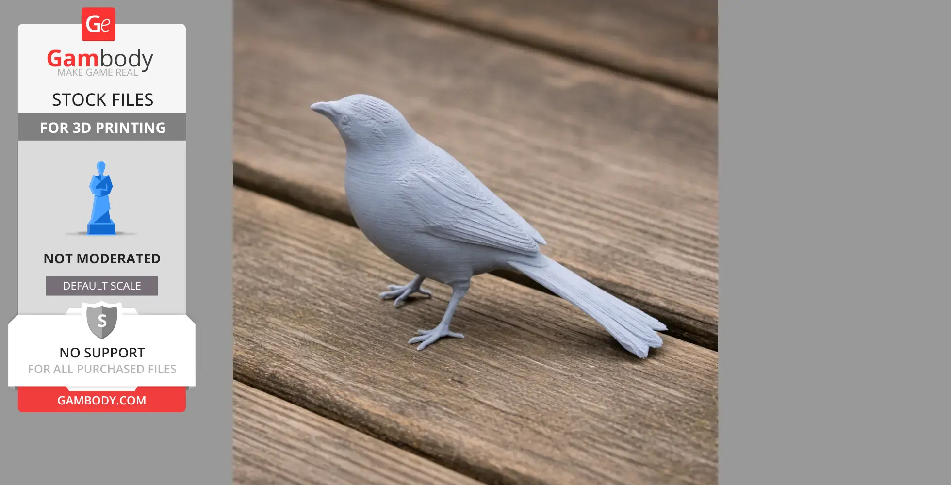 A 3D printed model of a Babbler bird is on a wooden surface.