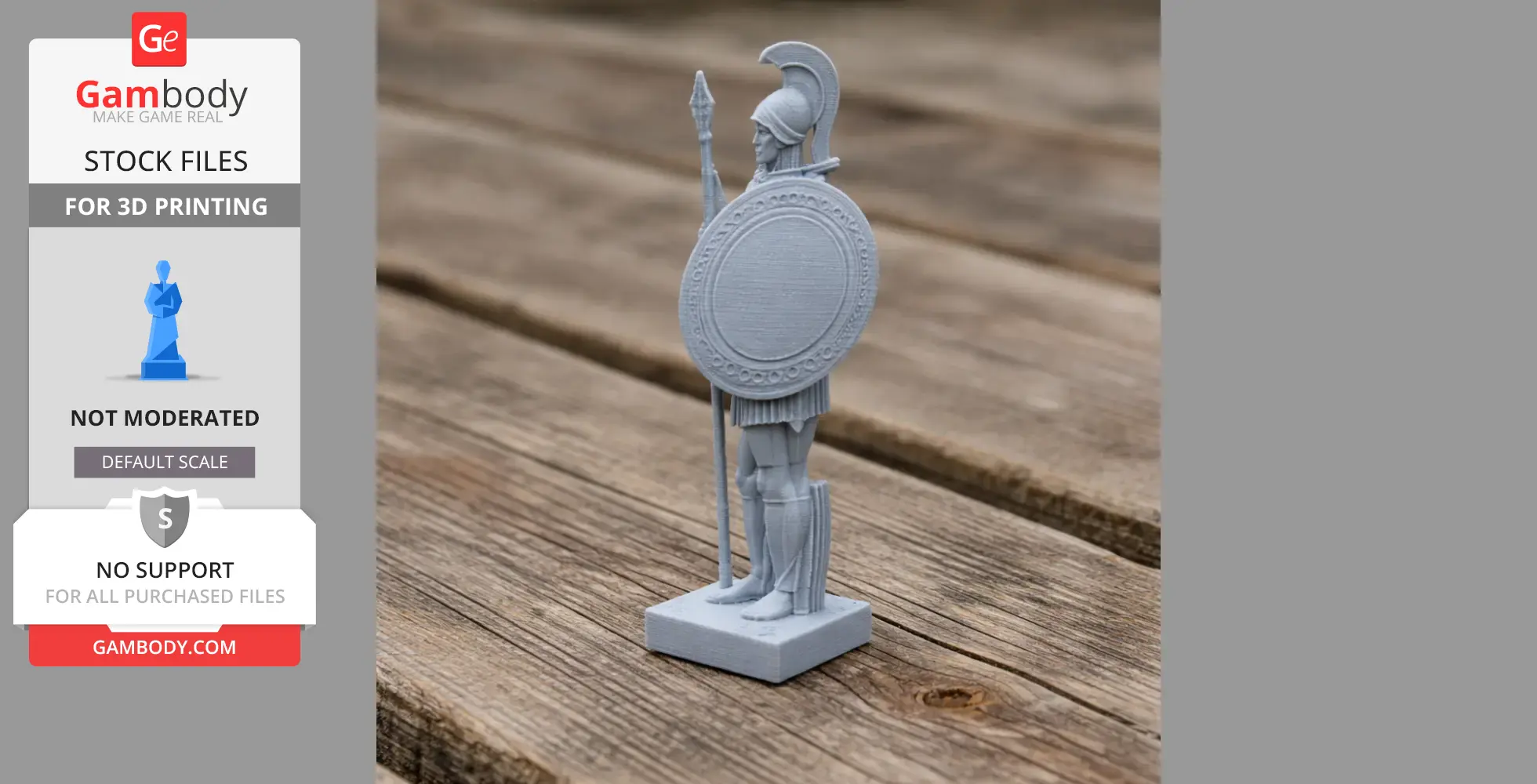 3D printed model of Ajax the Great, an ancient warrior with a spear and shield, on a wooden surface.