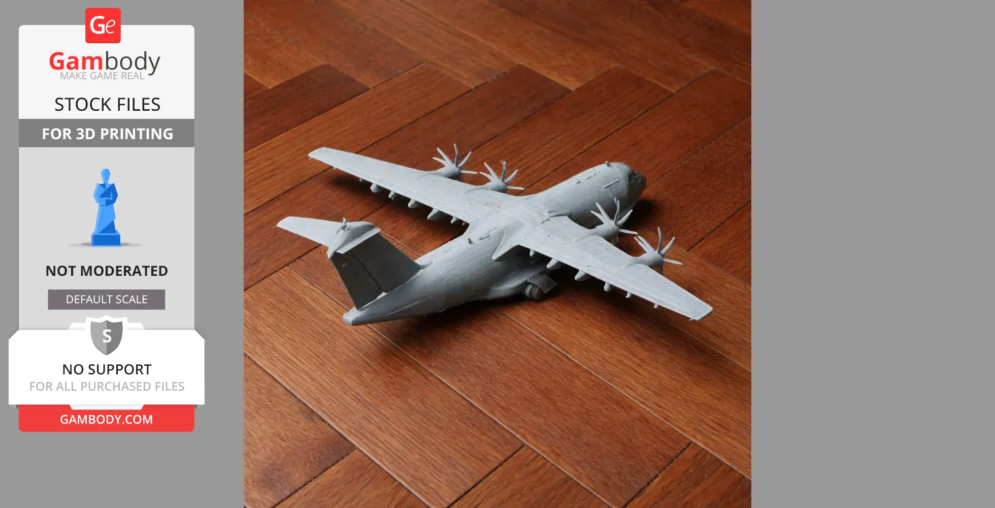 A 3D-printed model of an ATR 72 airplane on a wooden floor.