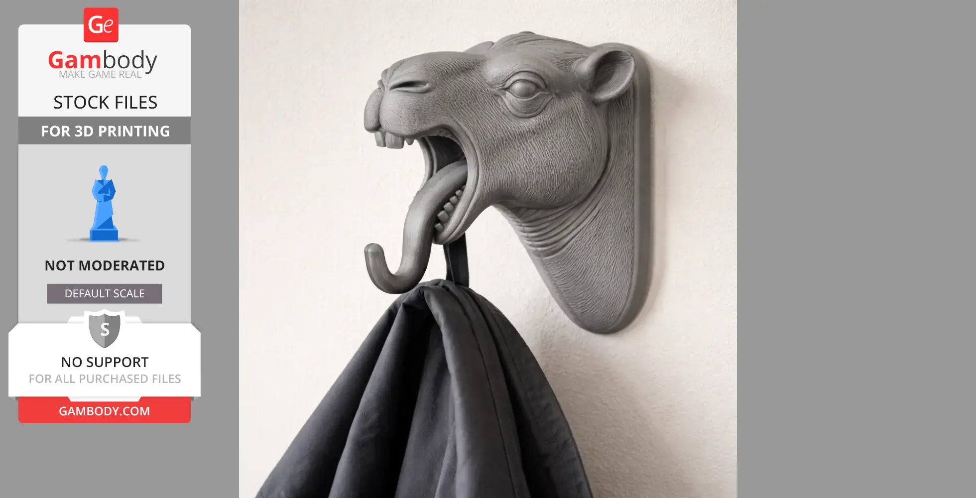 3D-printed camel head wall hook, used for hanging coats or keys, with open mouth acting as a hook.