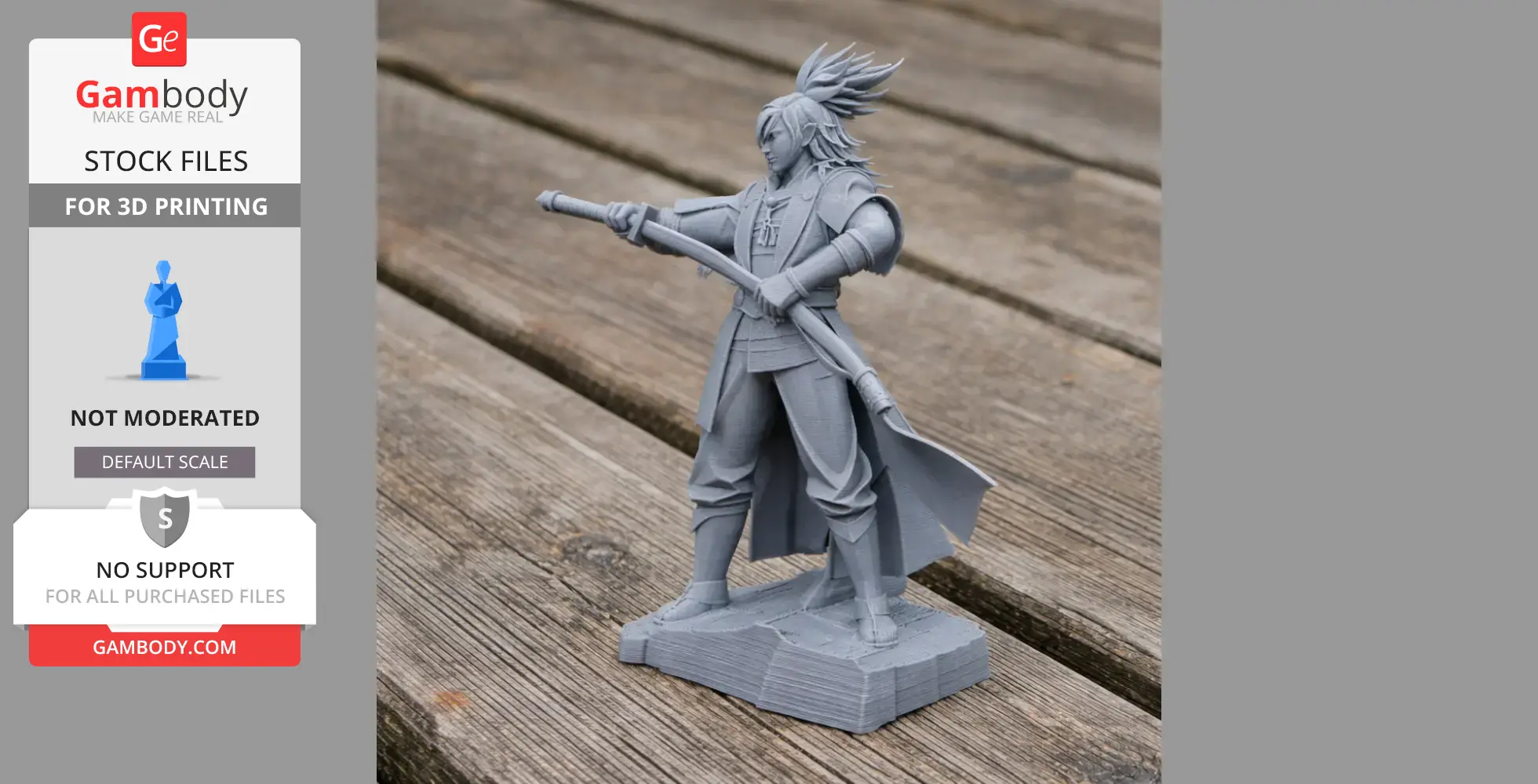 3D-printed samurai figure with dynamic pose, long hair, detailed armor and katana on wooden surface.