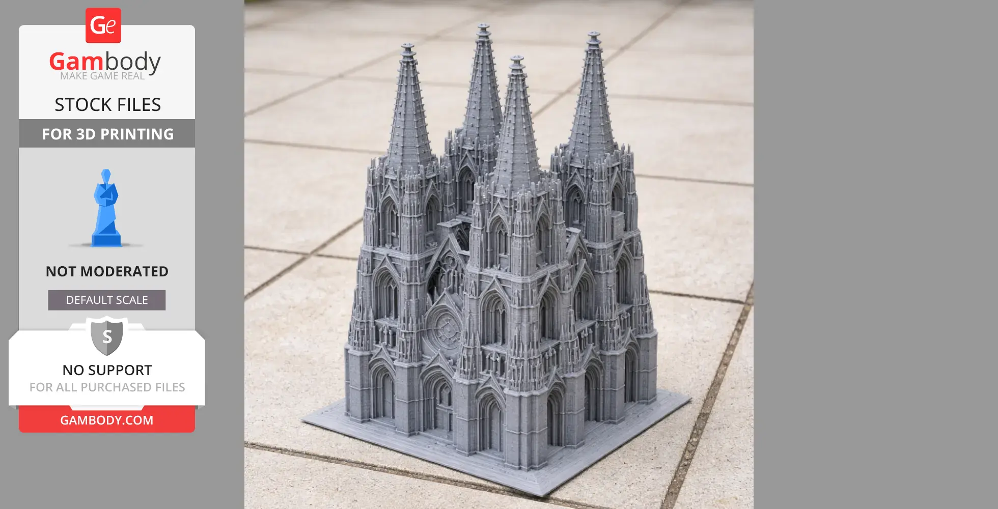 3D printed model of Cologne Cathedral with detailed spires and gothic architecture on a tiled surface.