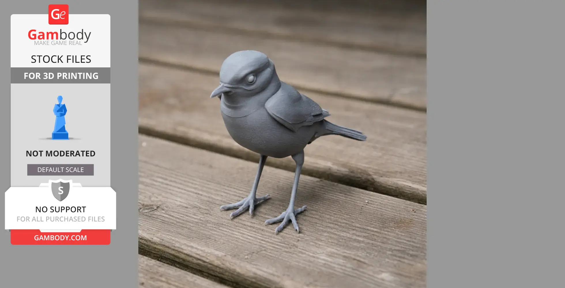 A realistic 3D-printed model of a small bird standing on a wooden surface.