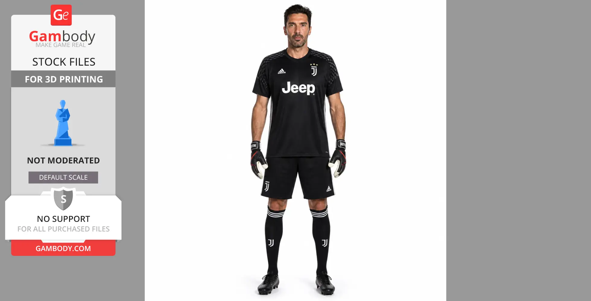 A soccer player figurine in a black Juventus kit with gloves, standing on a platform for 3D printing.