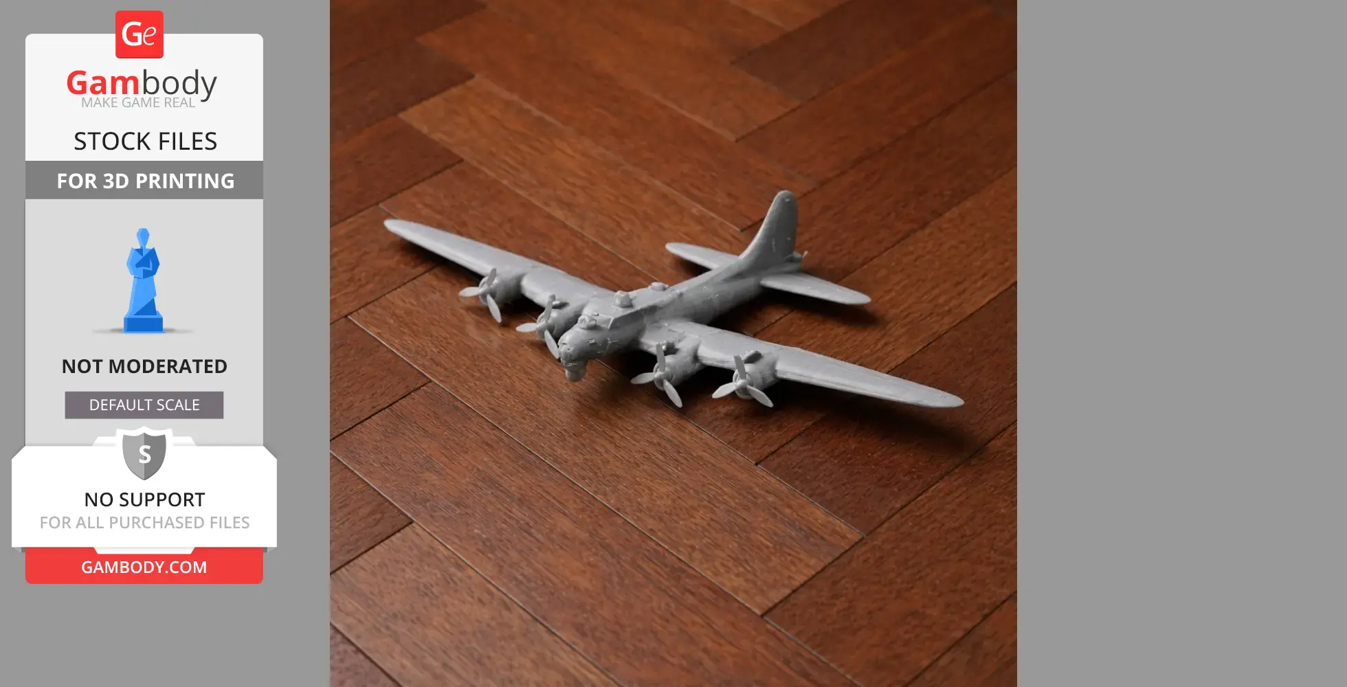 A grey 3D-printed model of a B-17 Flying Fortress plane on wooden flooring.