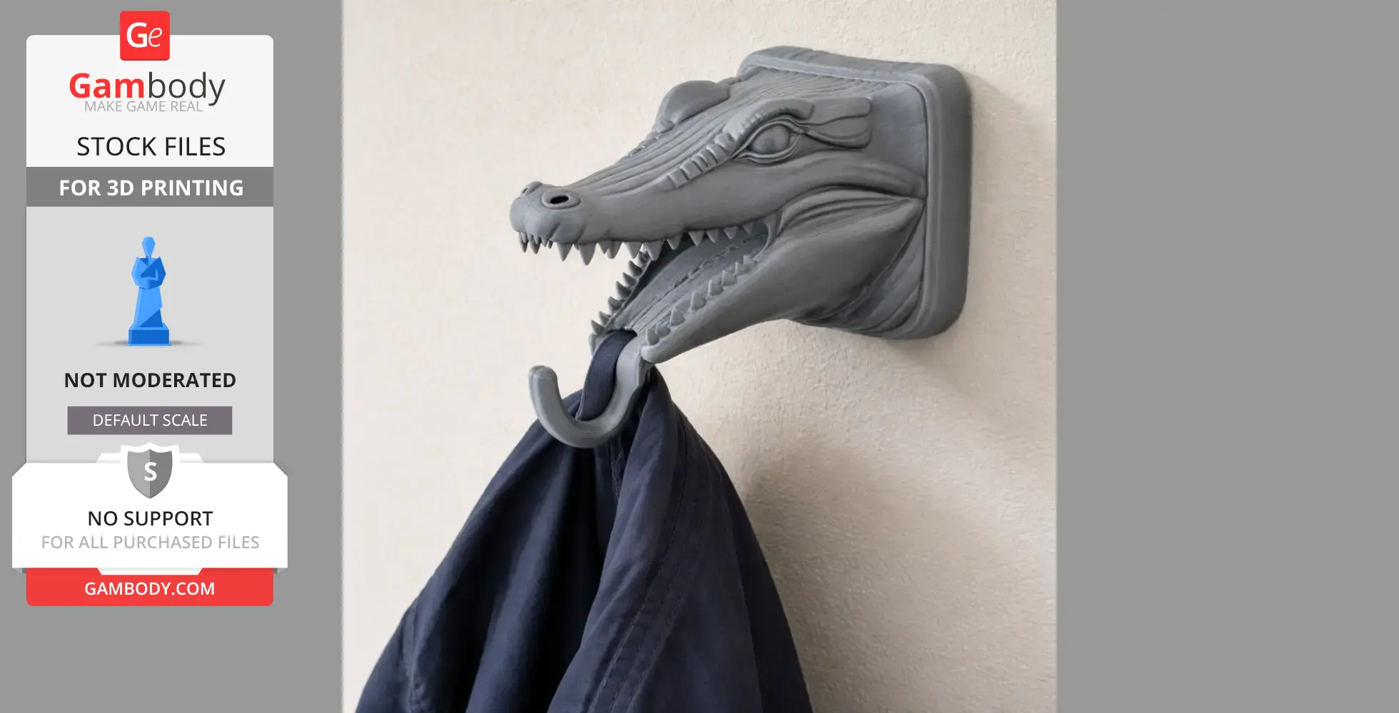 Crocodile head wall hook holding a coat, designed for 3D printing.