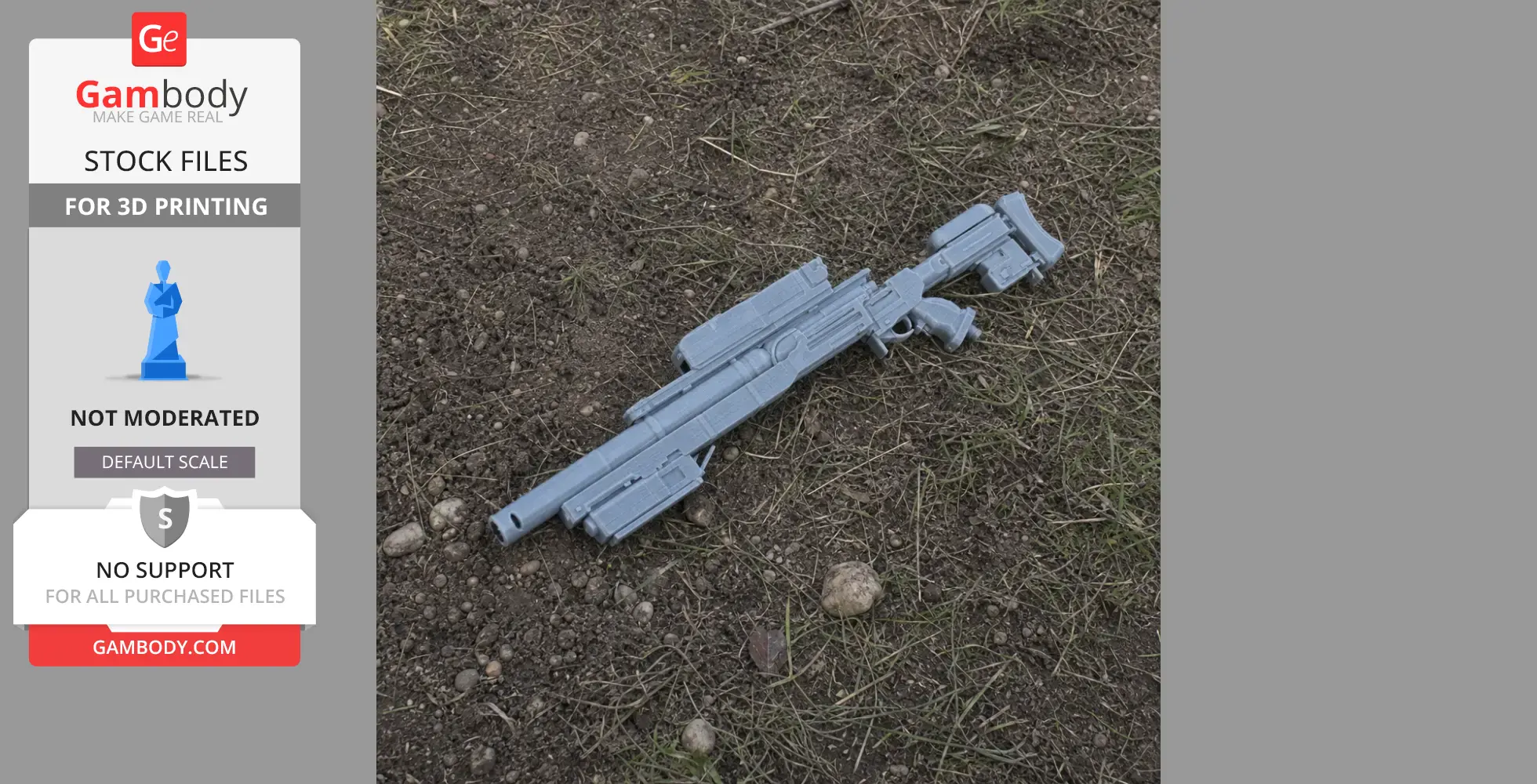 A 3D printed futuristic rifle model lying on the ground.