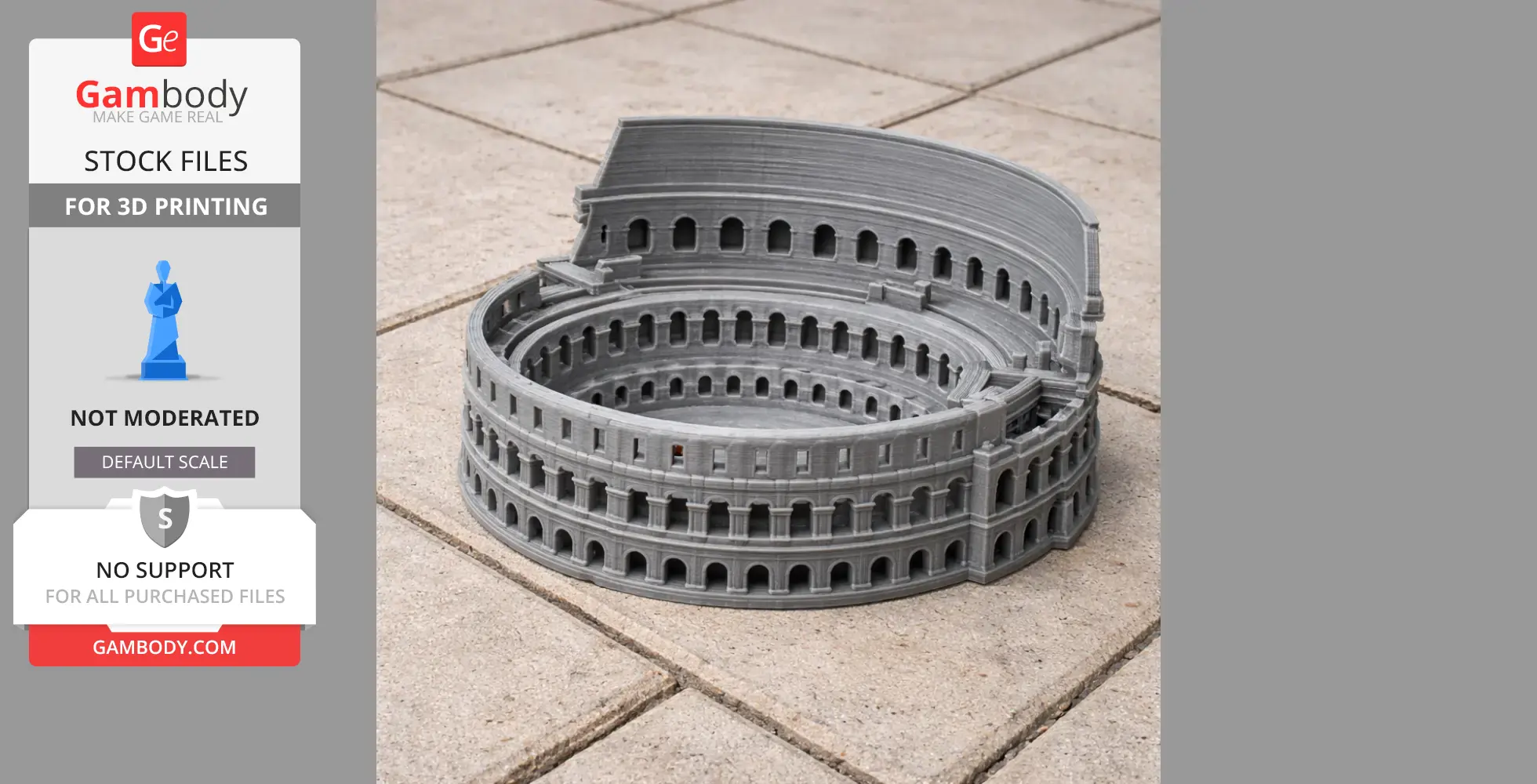 A detailed 3D-printed model of the Roman Colosseum on a tiled surface.