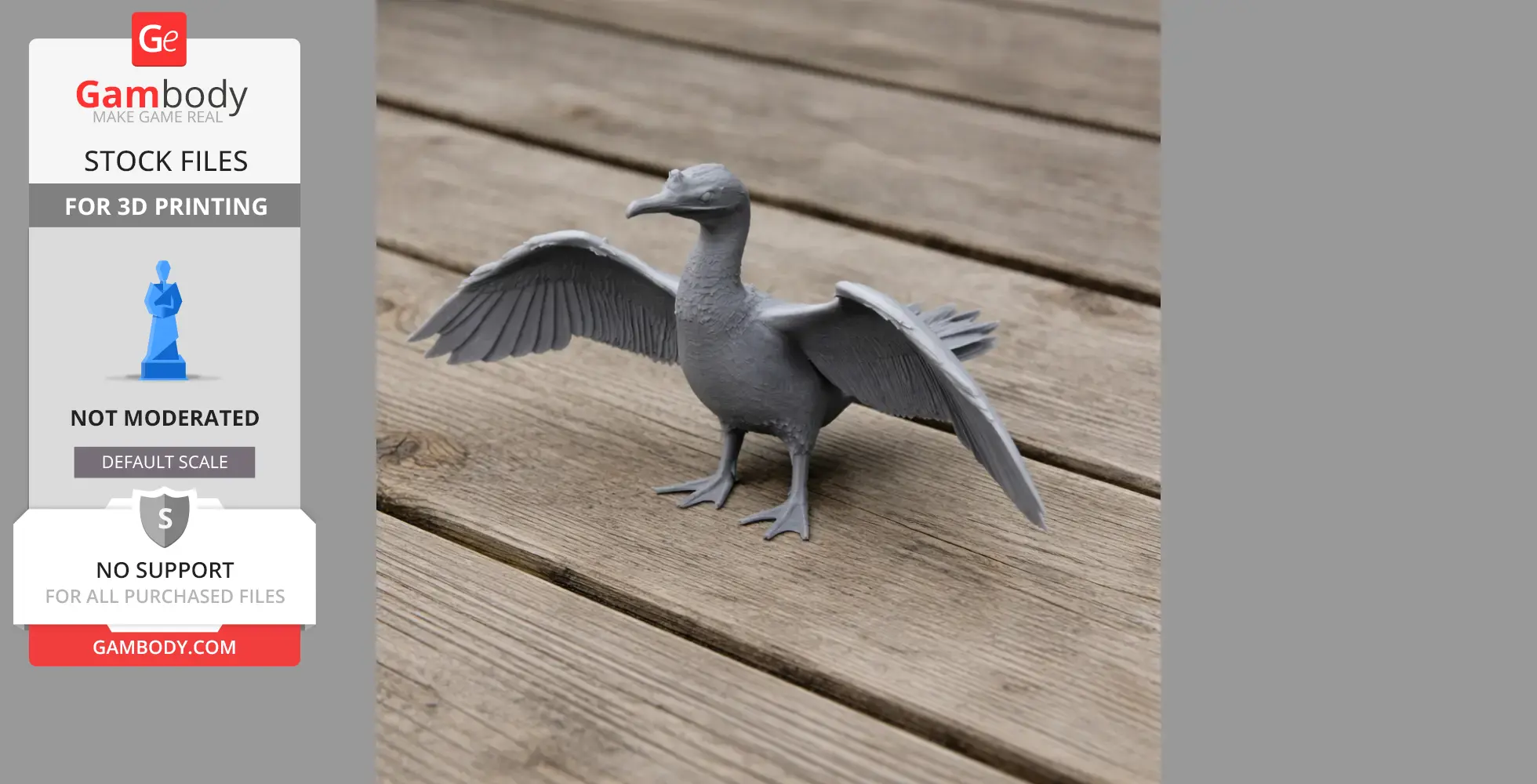 A 3D printed cormorant model with wings spread, displayed on a wooden surface.
