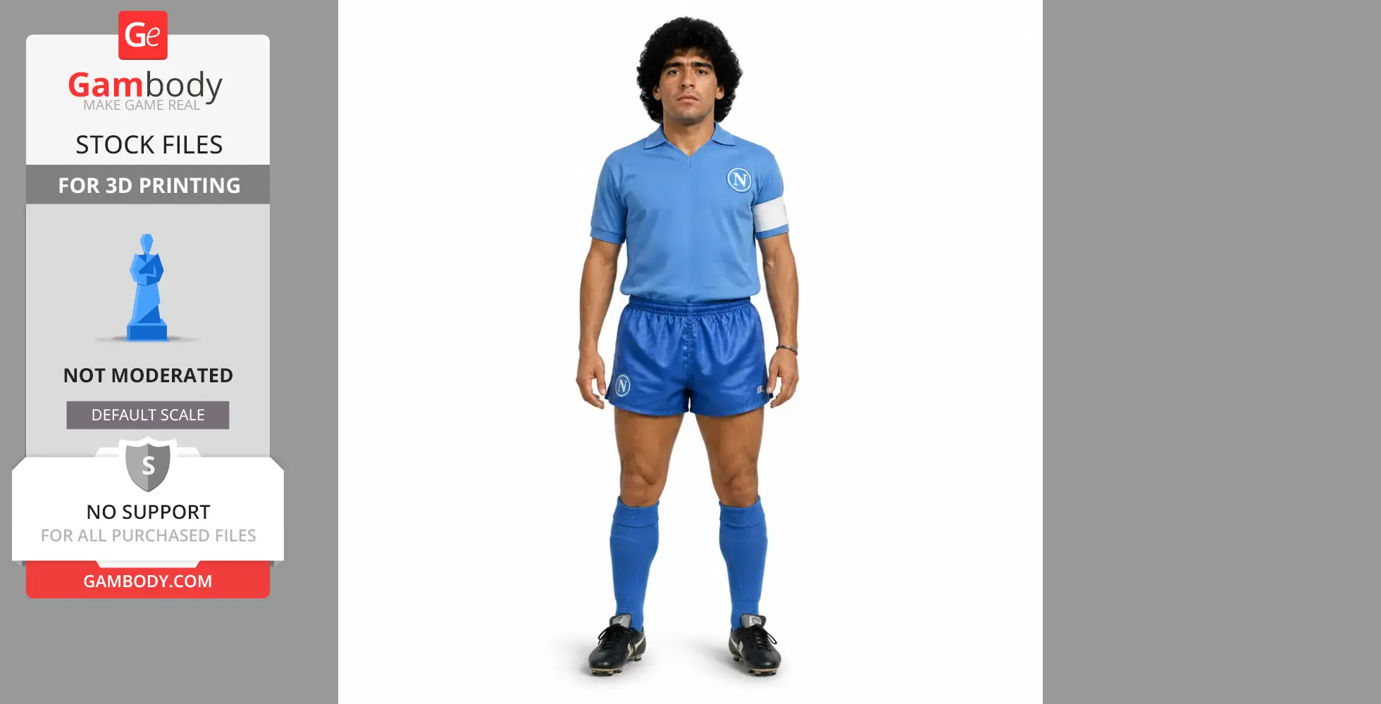A 3D model figurine of a soccer player in a blue kit, standing with a neutral expression.