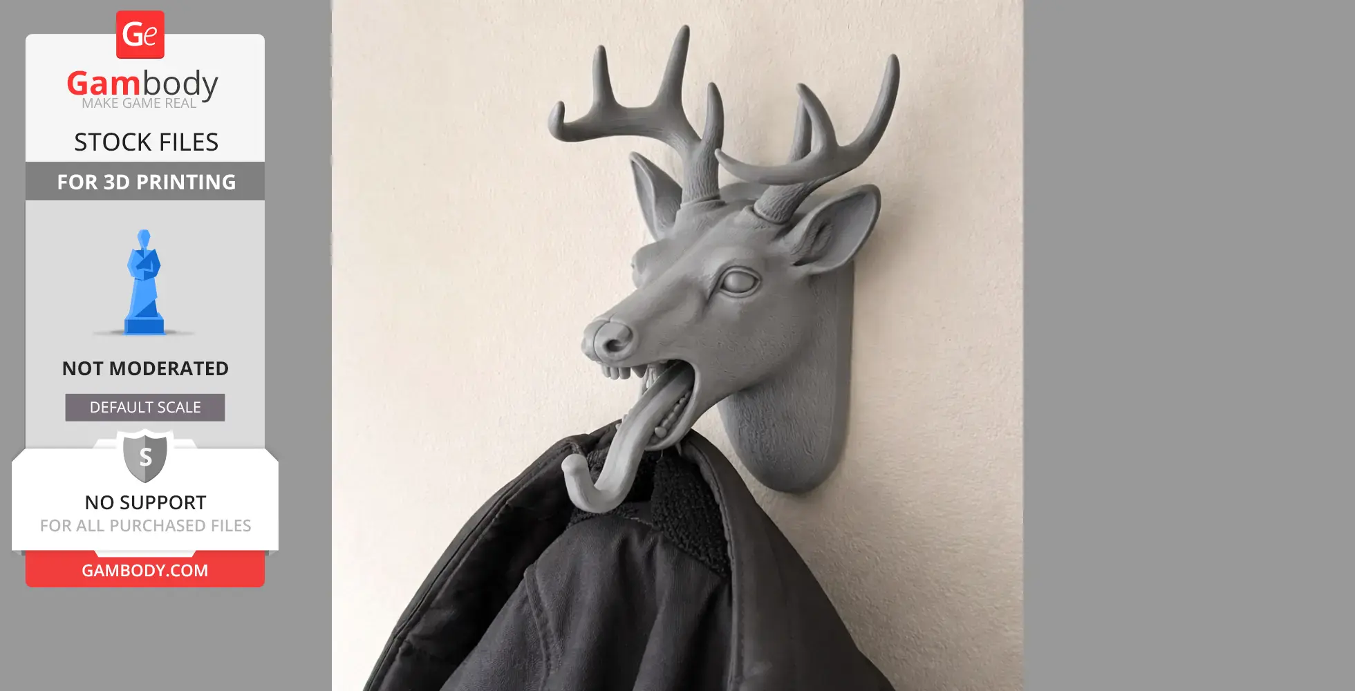 3D printed deer head wall hook holding a jacket.
