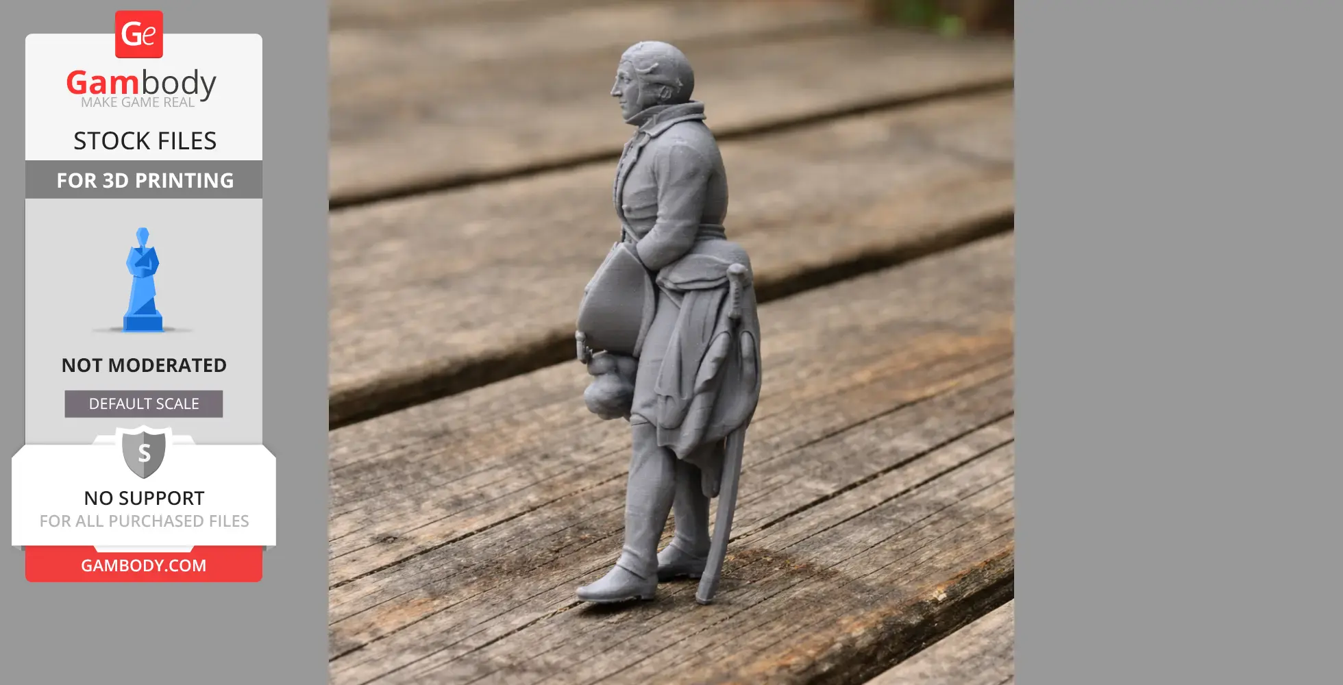 3D-printed figure of a Napoleonic soldier standing on wooden surface, detailed costume and accessories.