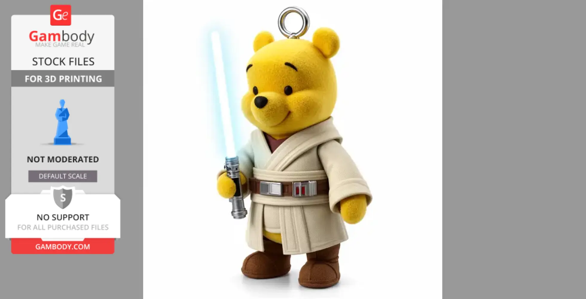 Teddy bear in Jedi robes holding a lightsaber, with a ring on its head for keychain attachment.
