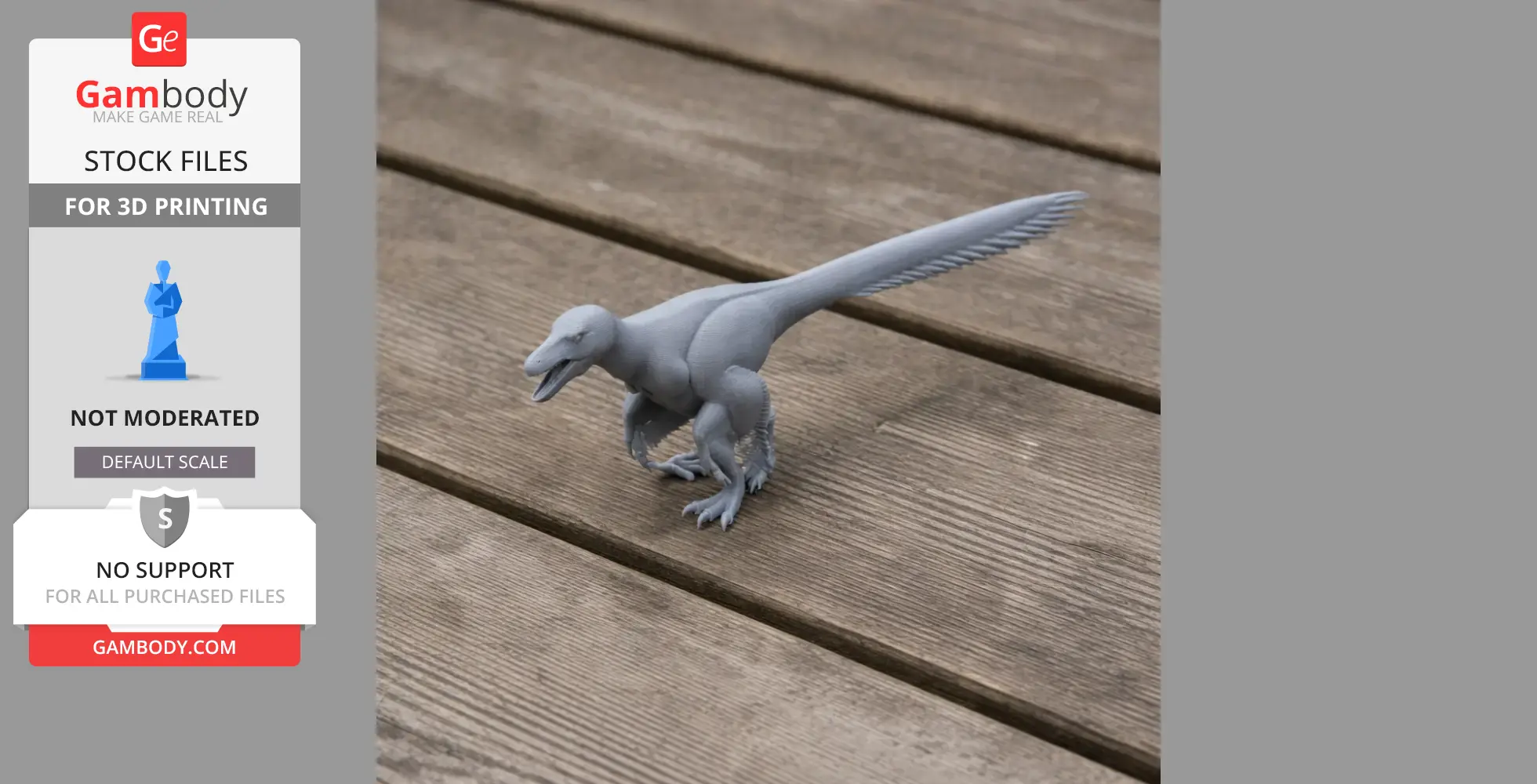 3D-printed Deinonychus model in gray on wooden surface.