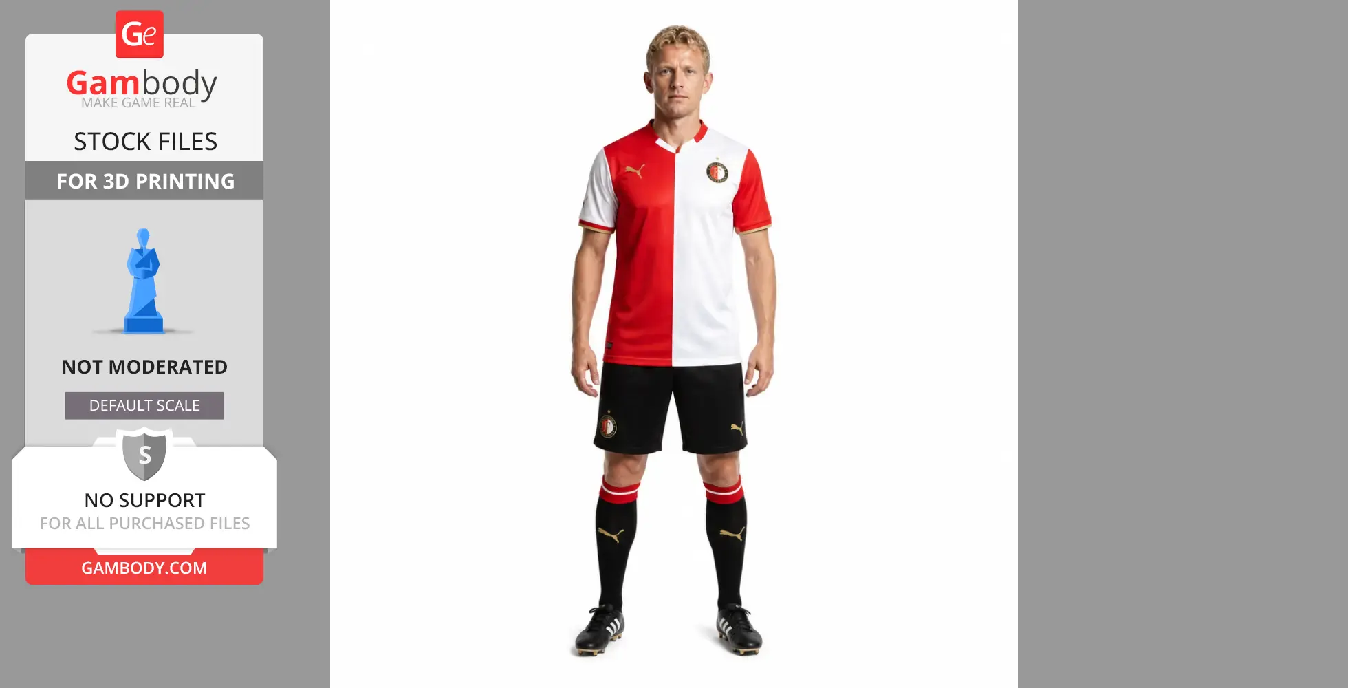 A soccer player figurine with red and white jersey, black shorts, and socks, suitable for 3D printing.