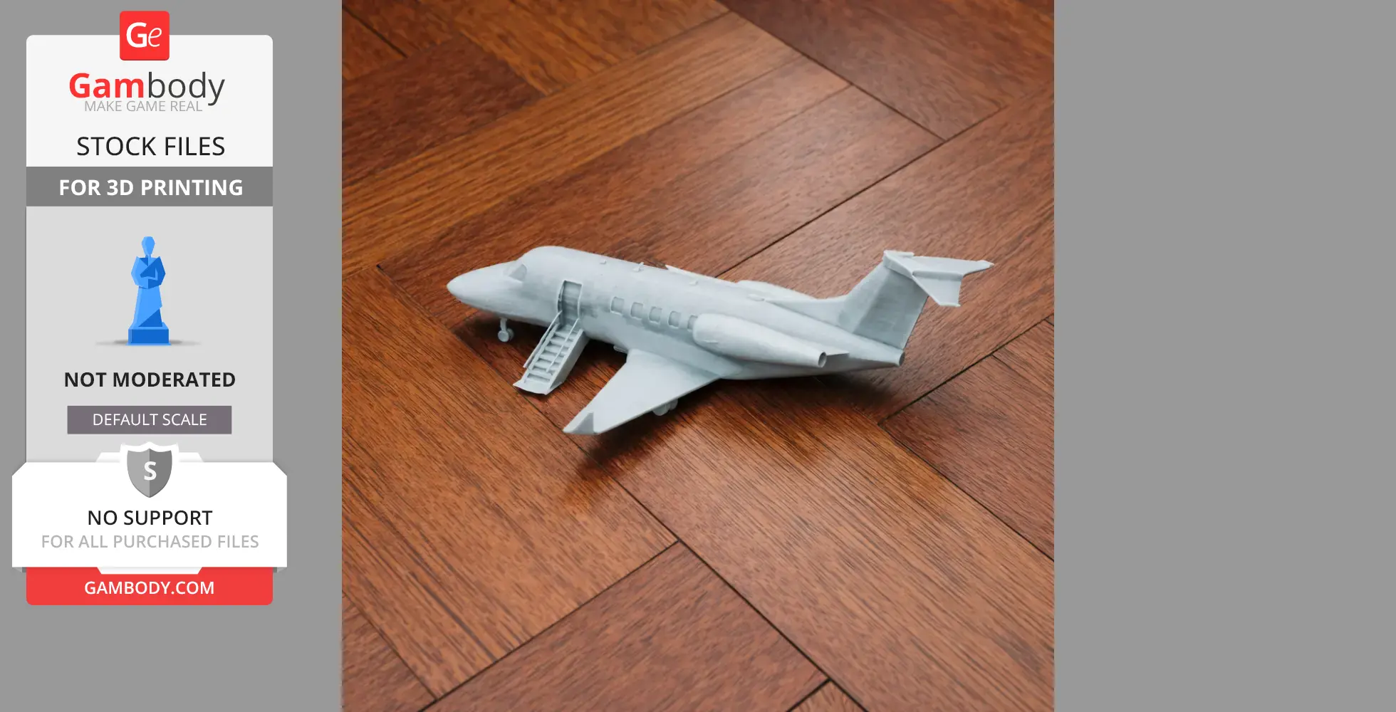 3D printed model of a Cessna Citation plane with stairs, on a wooden surface.