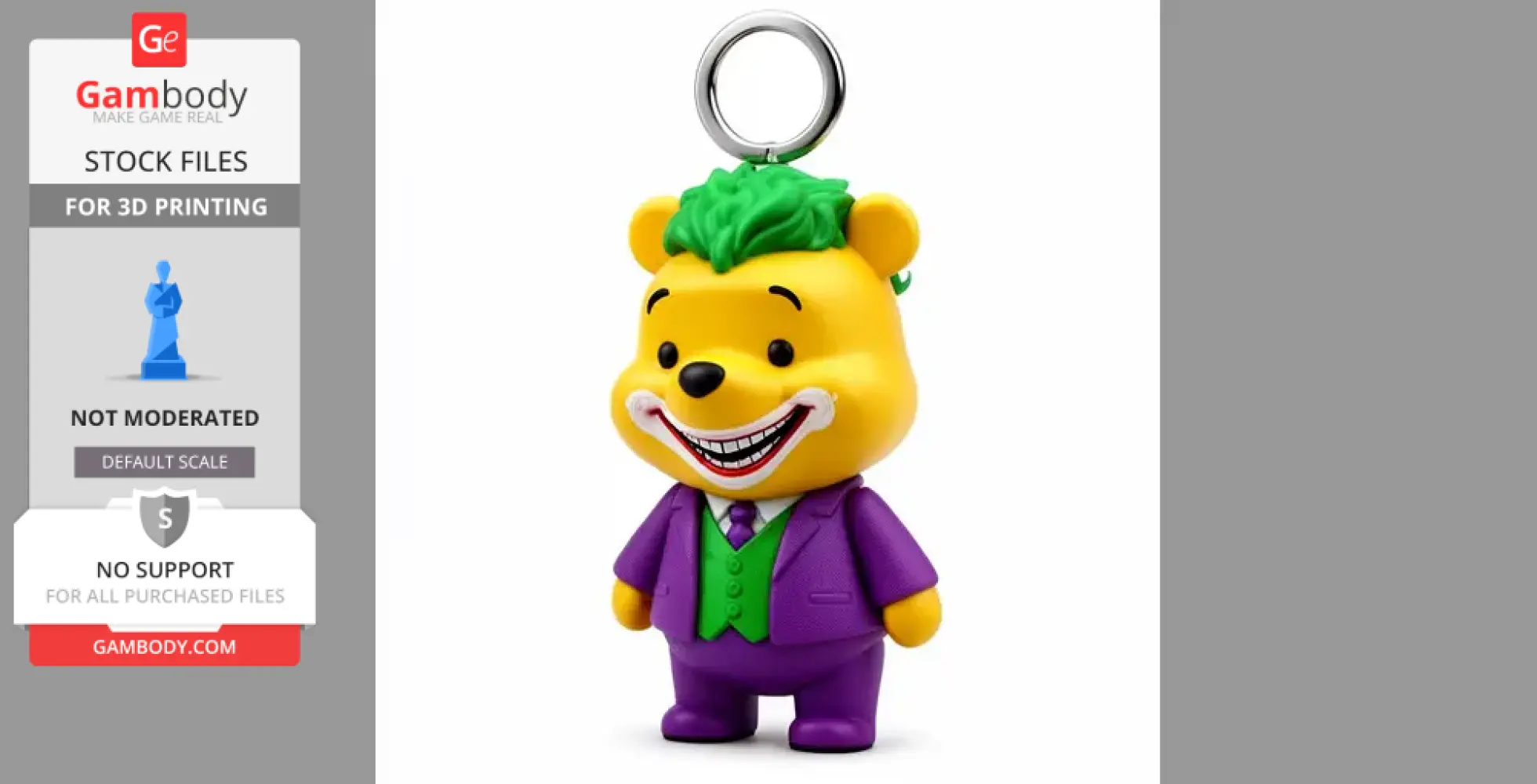 A figure of Pooh in a Joker-inspired outfit with a purple suit, green vest, and a large grin, featuring a ring on top.