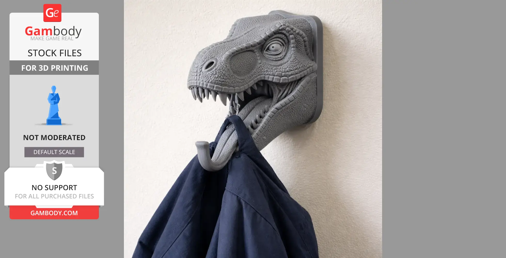 3D printed dinosaur head wall hook holding a coat, mounted on a wall.