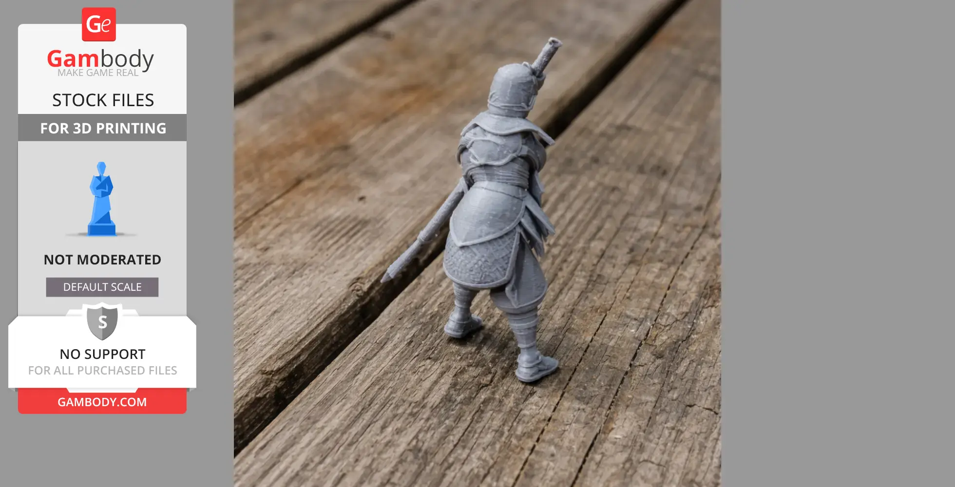 A 3D-printed model of a samurai in armor, viewed from the back, on a wooden surface.