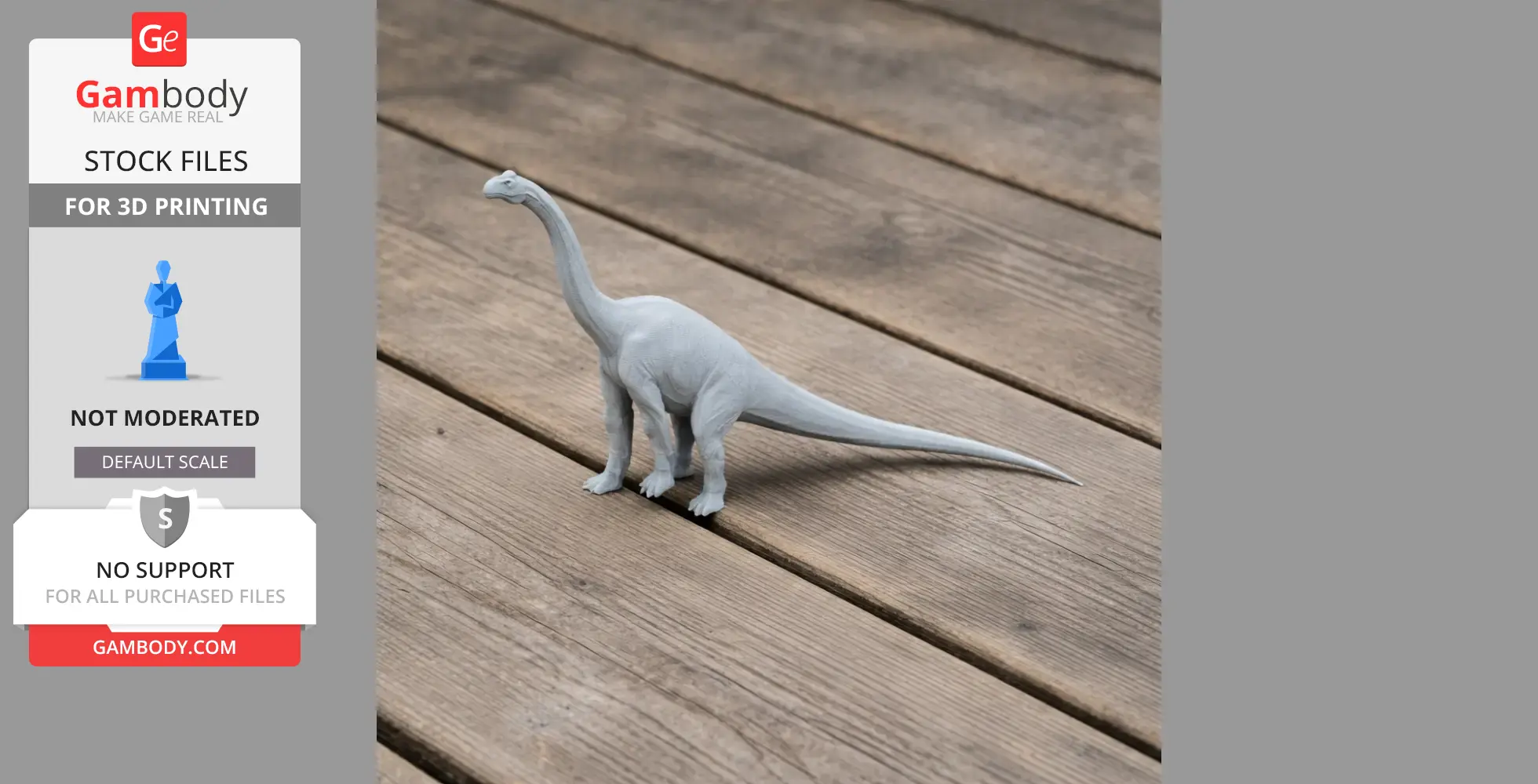 Gray 3D-printed Diplodocus model on a wooden surface.