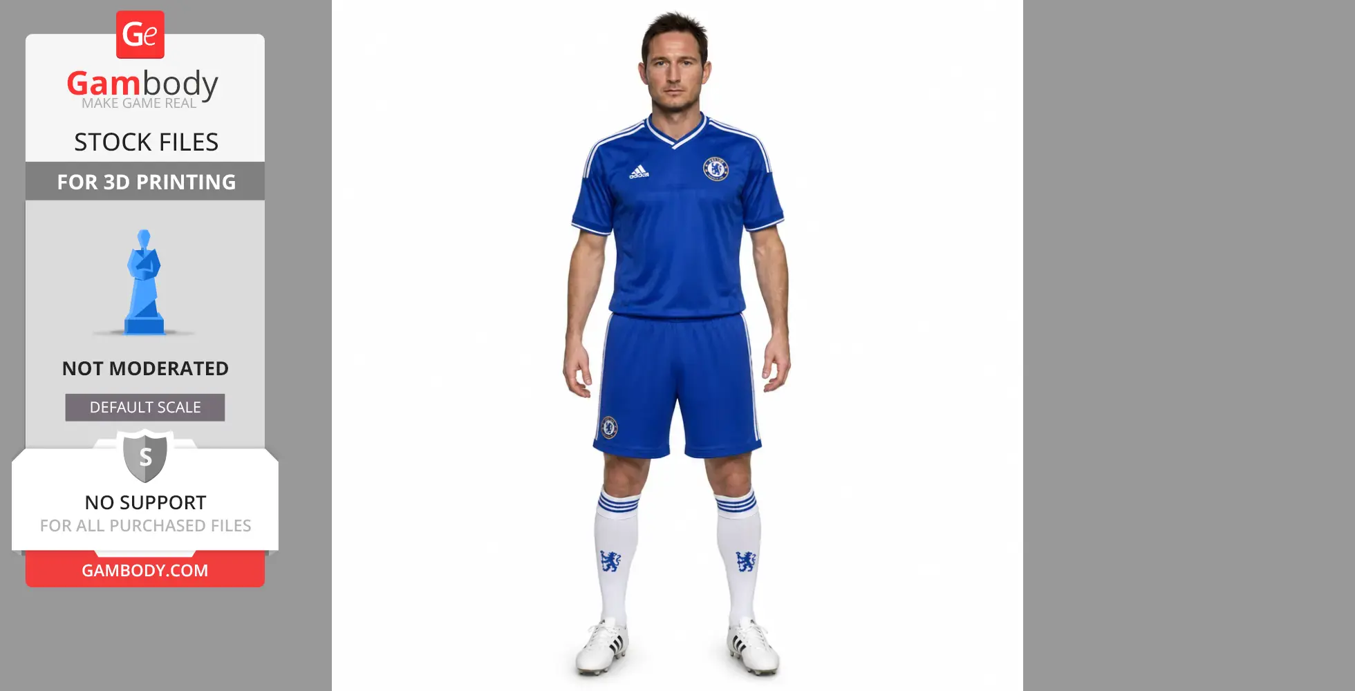 A 3D model of a soccer player in a blue jersey and white socks, ready for printing.