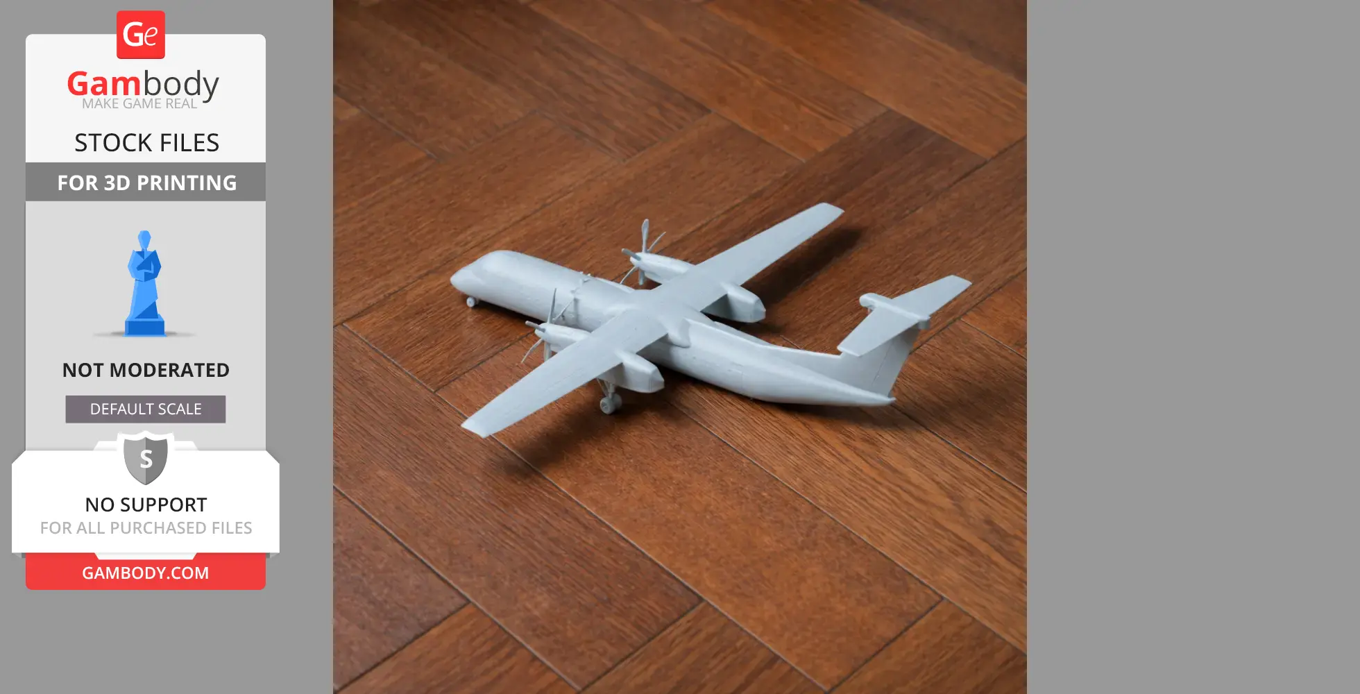 3D printed Dash 8 plane model in gray, displayed on a wooden floor.