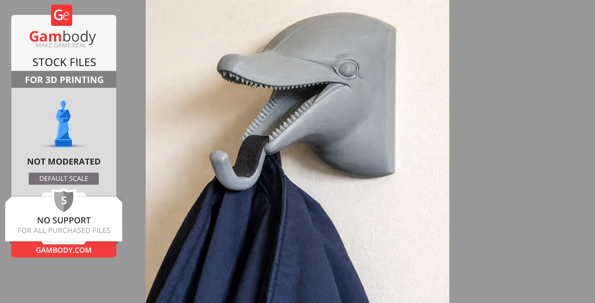 3D-printed dolphin head wall hook, holding a jacket.