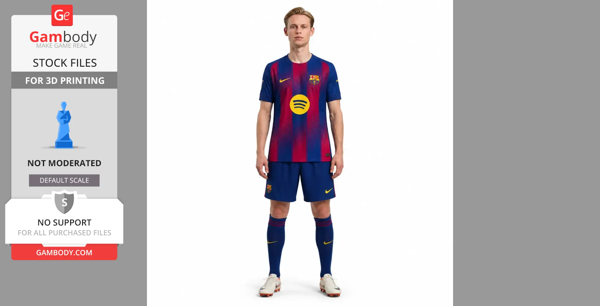 A 3D model file for printing, depicting a soccer player in a blue and red uniform, available on Gambody.