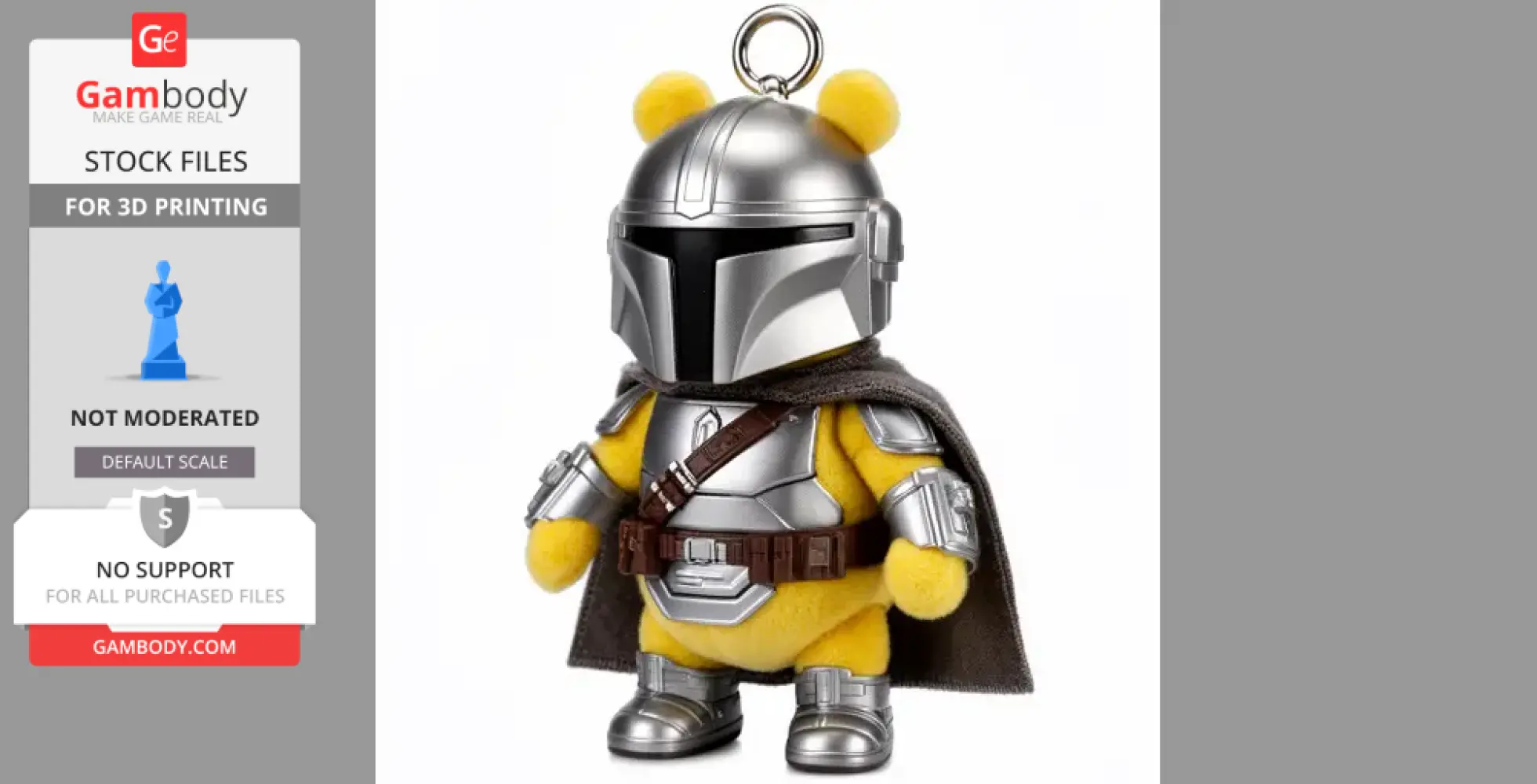 A figure blending Winnie the Pooh and Mandalorian, in armor and cape with a helmet.
