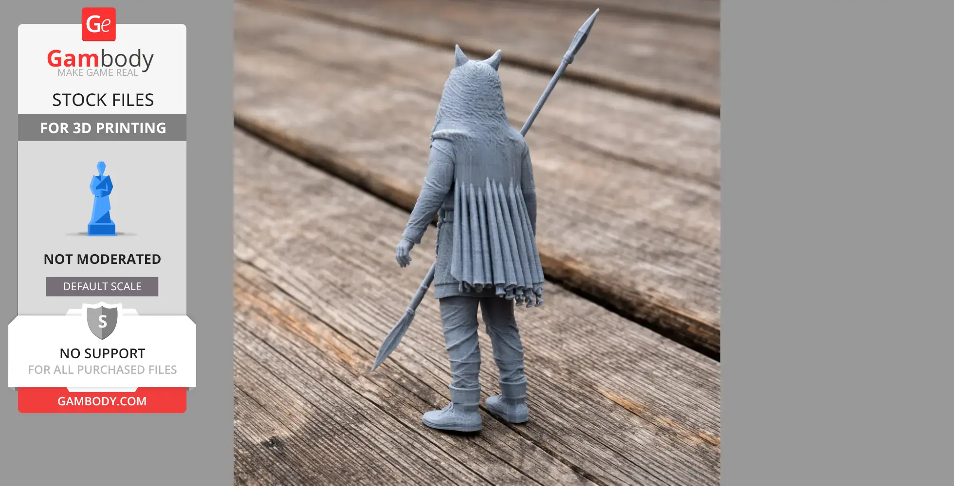 A 3D-printed ancient warrior model, wearing a cloak and holding a spear, stands on wooden planks.