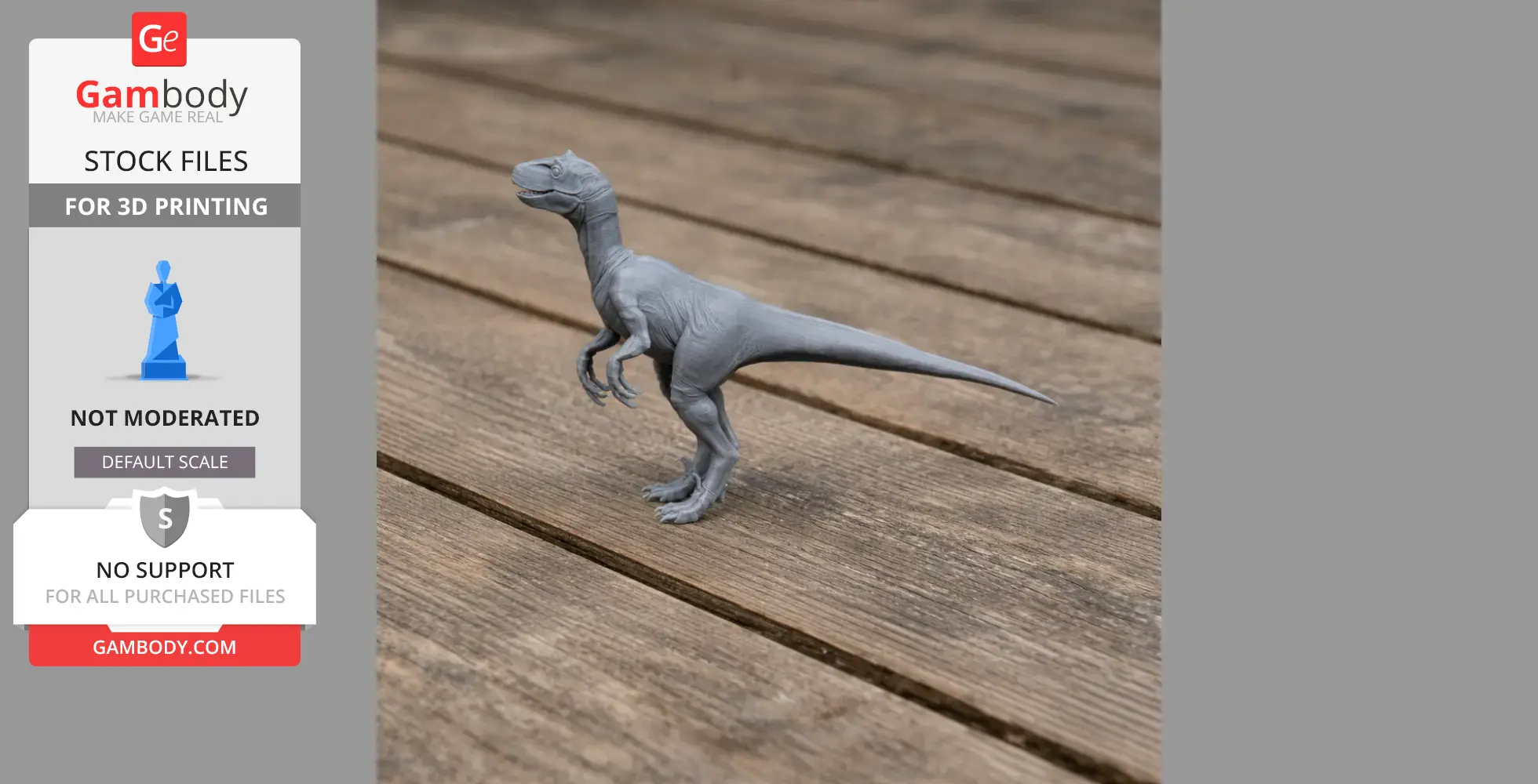 Gray 3D-printed Dromaeosaurus model on wooden surface, showcasing dinosaur's detailed features.