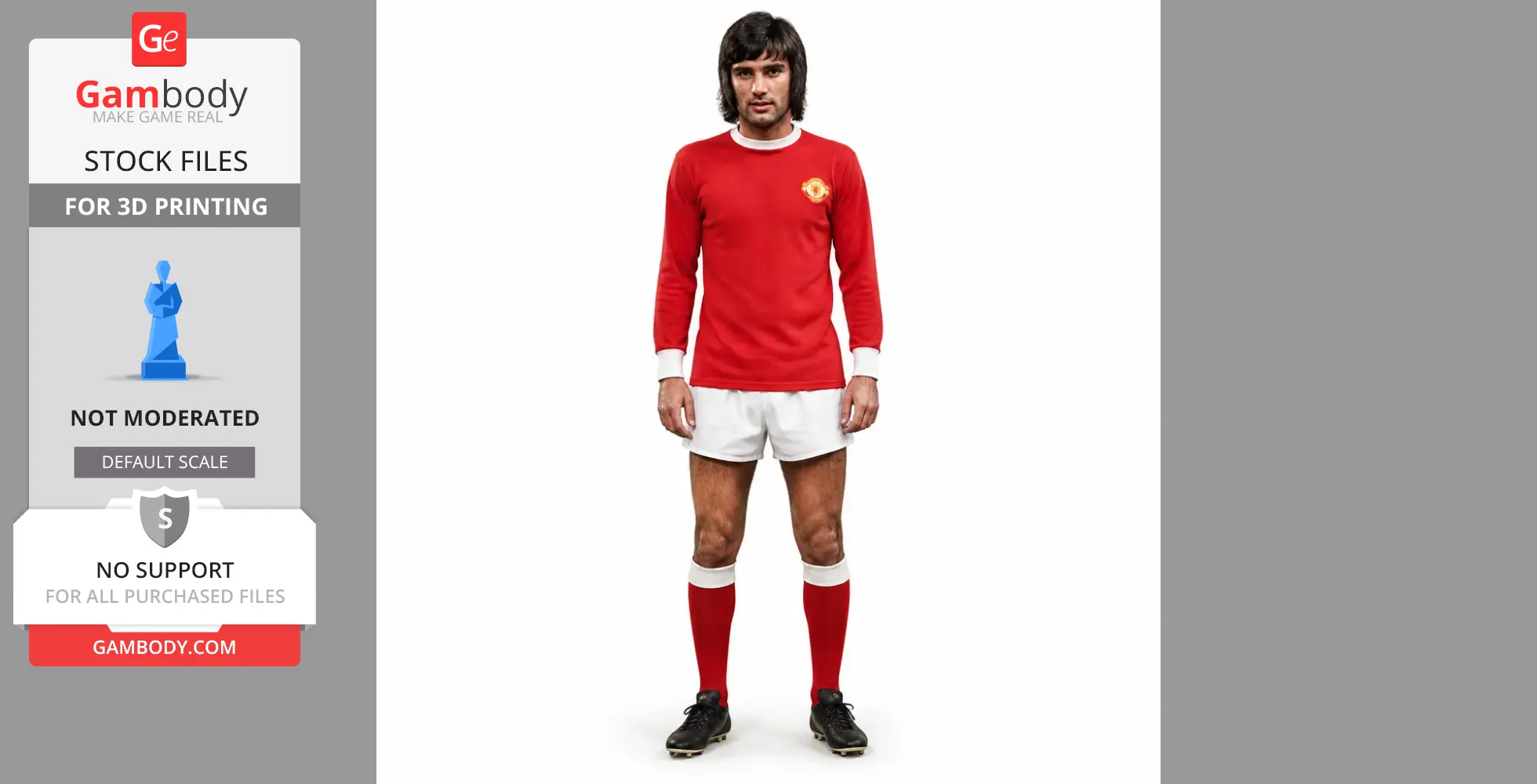 3D model of a soccer player in a red and white uniform, standing in front of a plain background.