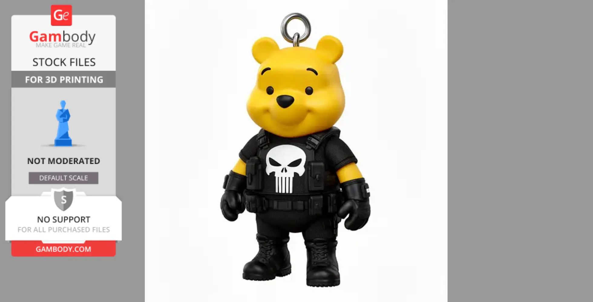 Fusion figure of a bear in Punisher outfit with a ring loop for hanging.