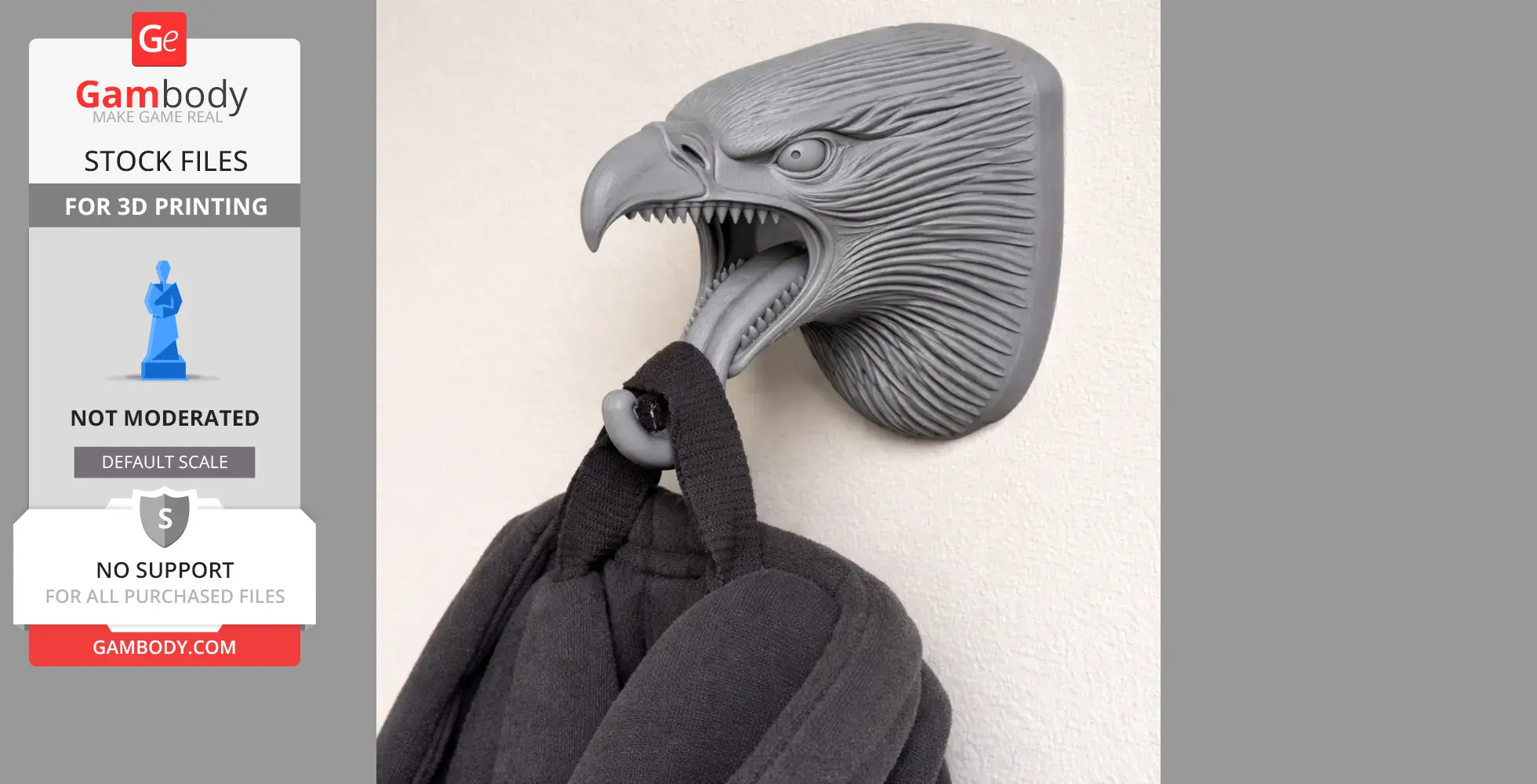 Gray eagle head wall hanger with open beak, used as a hook for hanging clothes or keys.