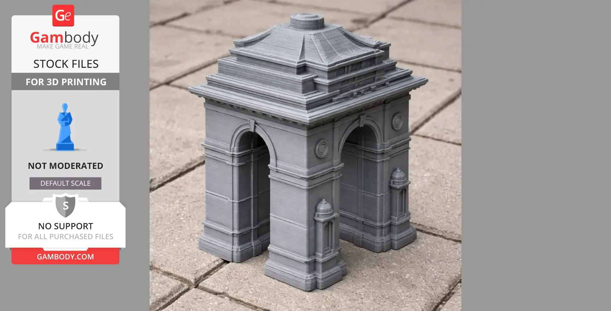 3D printed model of the Gateway of India, featuring detailed arches and a layered roof.