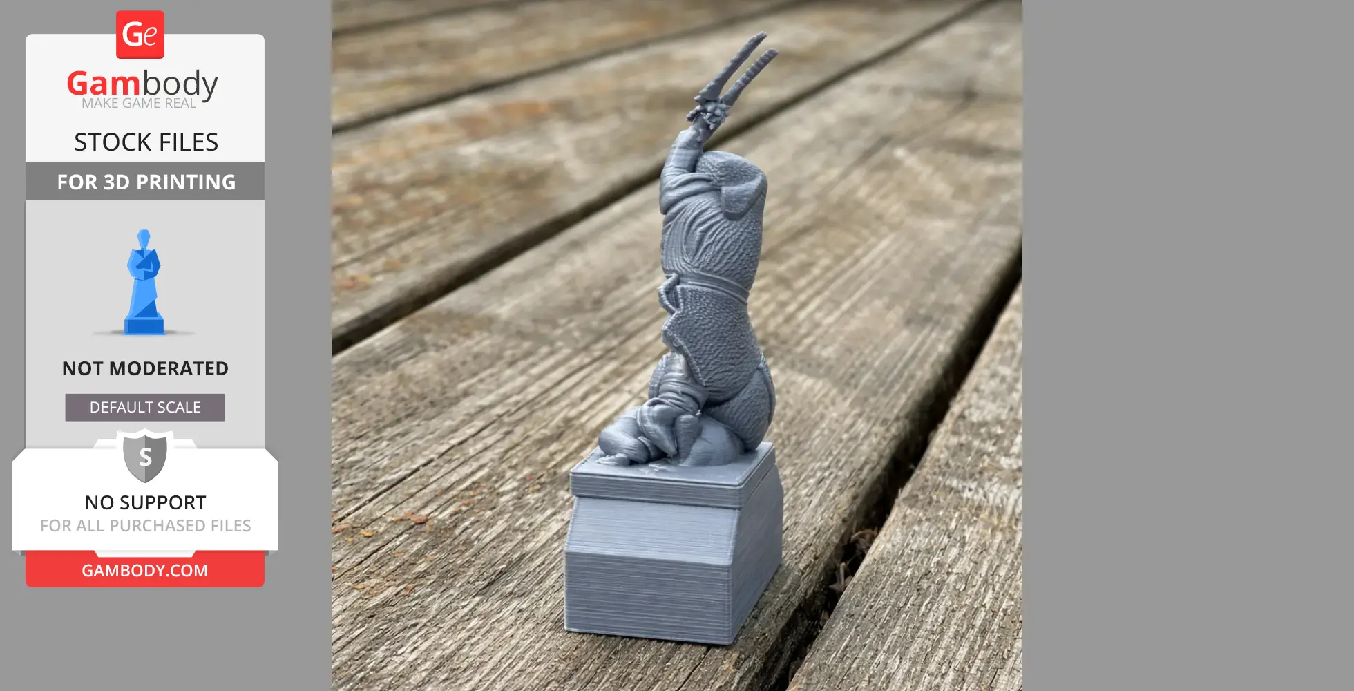 3D-printed knight figure raising a sword, standing on a textured base outdoors.