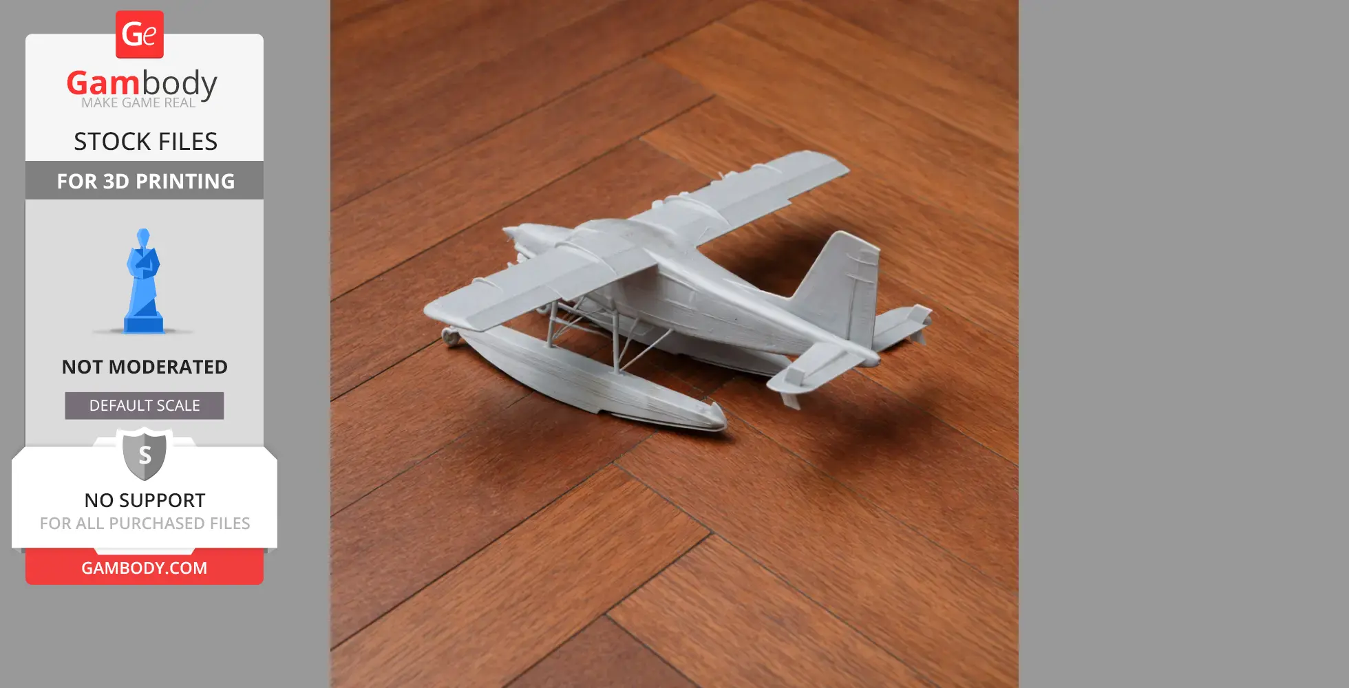 3D printed model of a DHC-2 Beaver floatplane on a wooden surface.