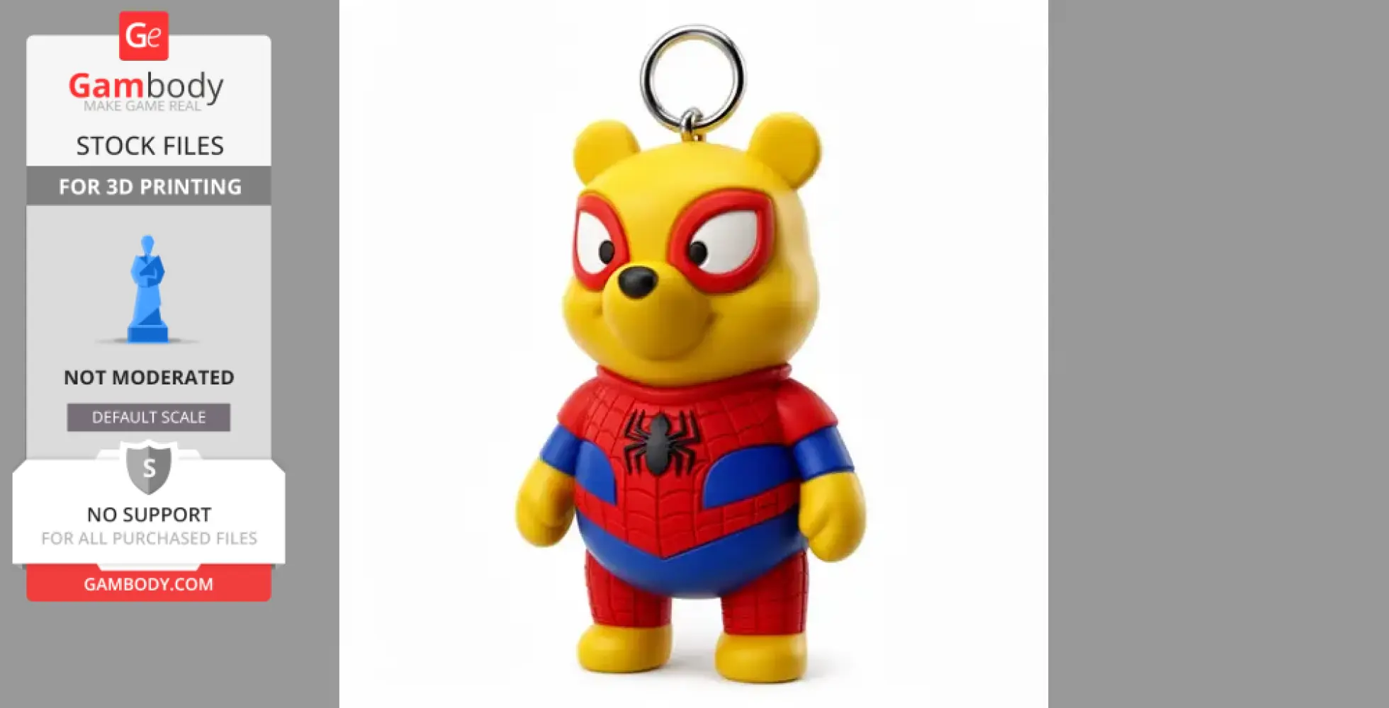 A figure of a bear character in a Spider-Man suit with a keyring on its head.