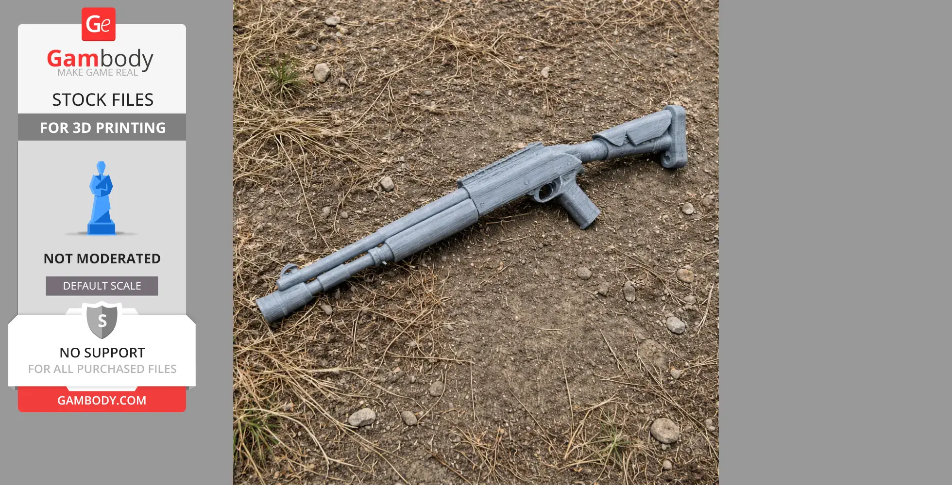 Gray 3D printed model of a Benelli M1014 shotgun lies on dry, rocky ground.