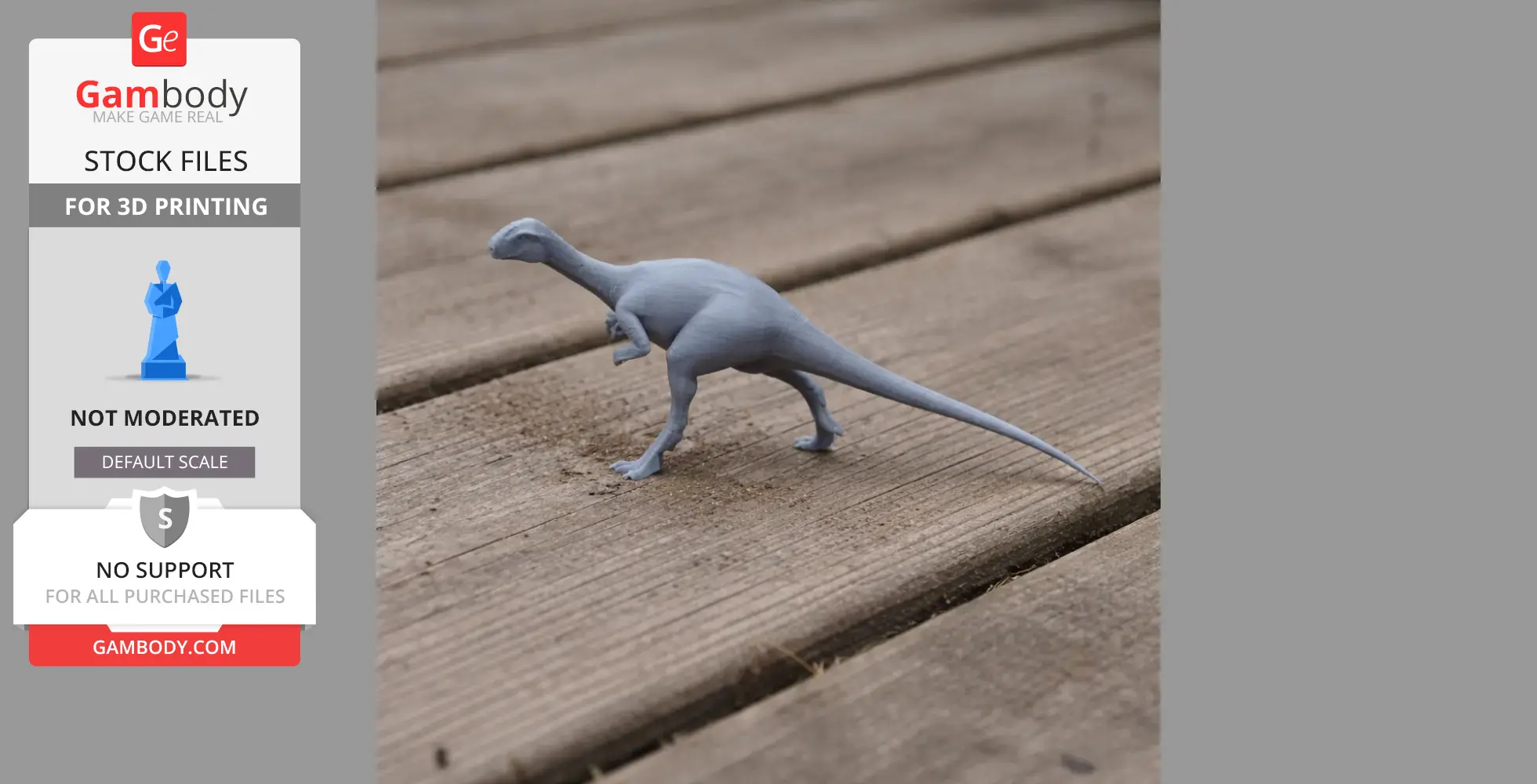 Gray 3D model of Dryosaurus dinosaur on wooden surface.