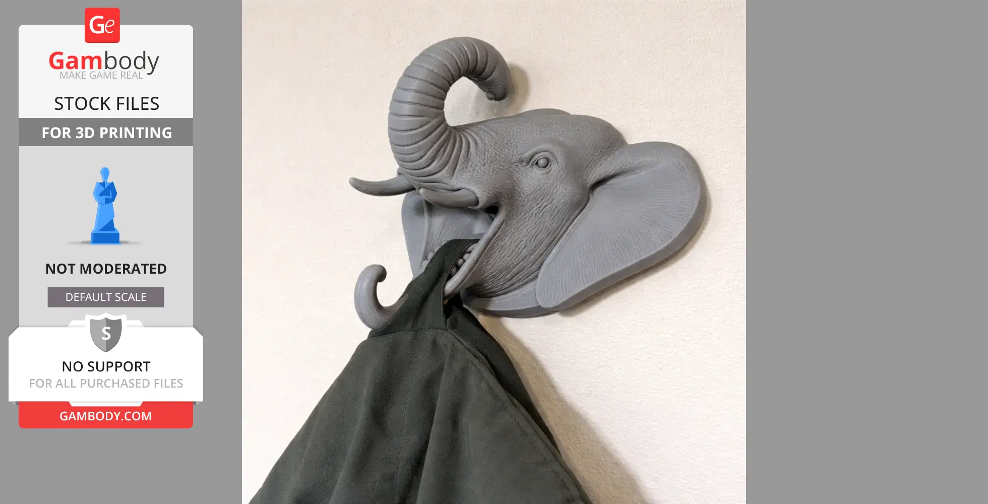 A 3D-printed elephant head wall hook holding a coat, designed for keys and accessories.