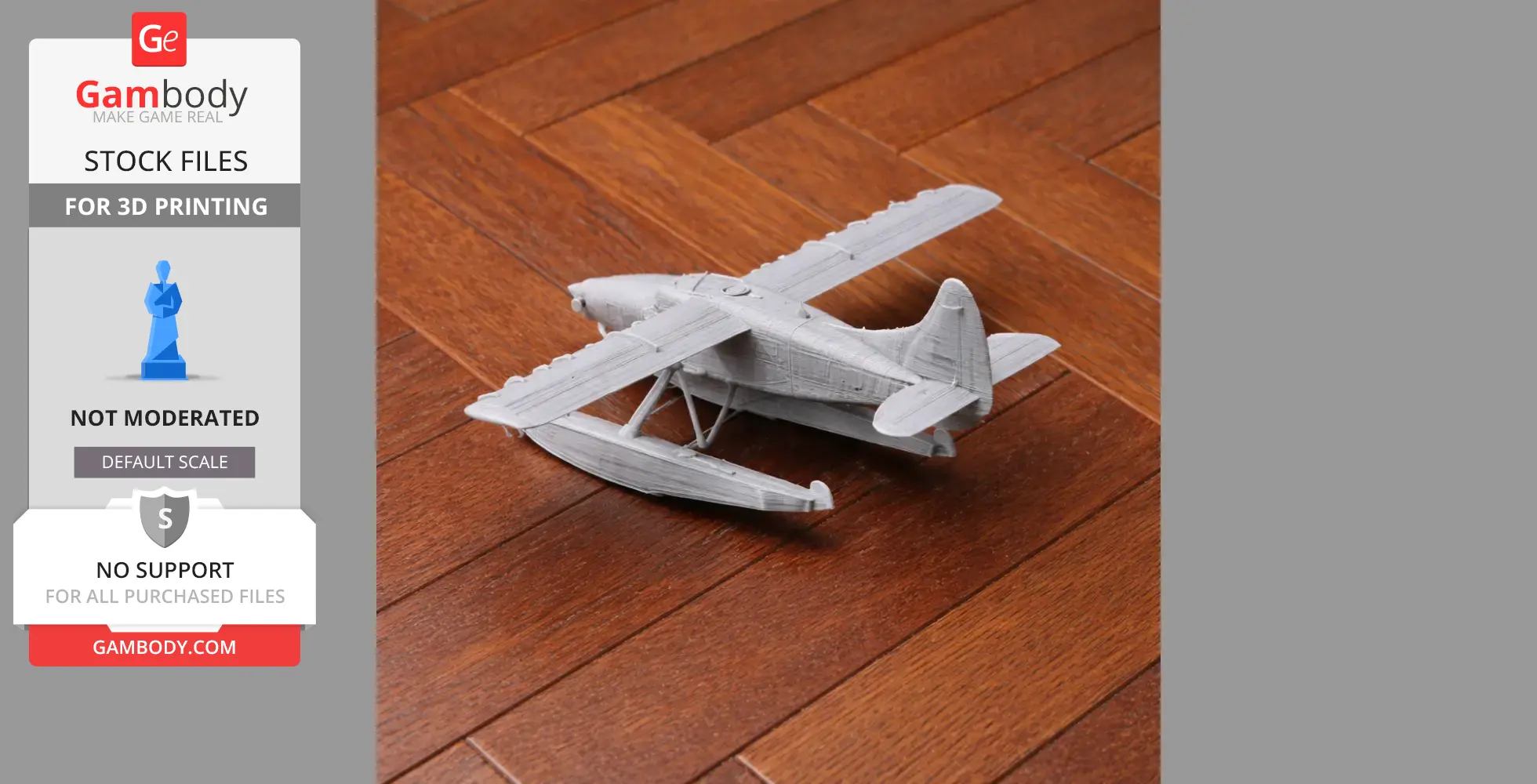 Gray 3D printed model of a DHC-3 Otter plane with floats on a wooden surface.