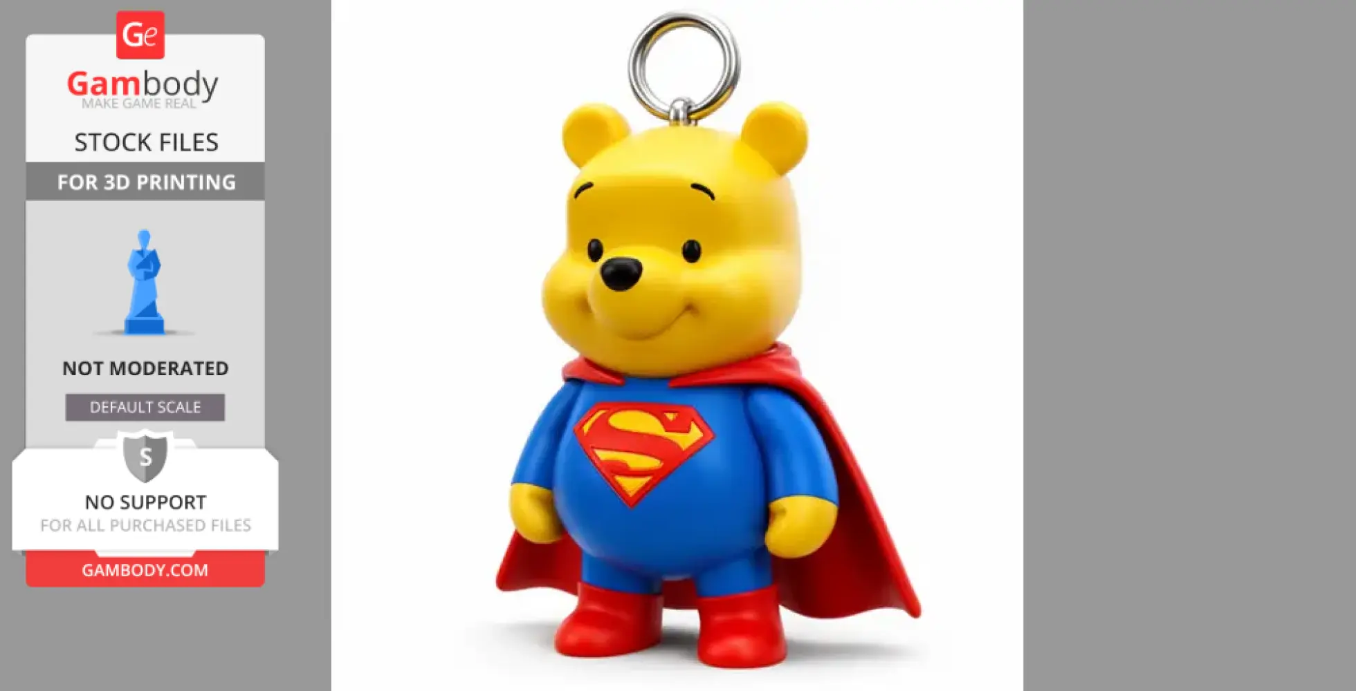 A figure of a bear dressed as Superman, with a cape and 'S' logo, designed as a ring accessory.
