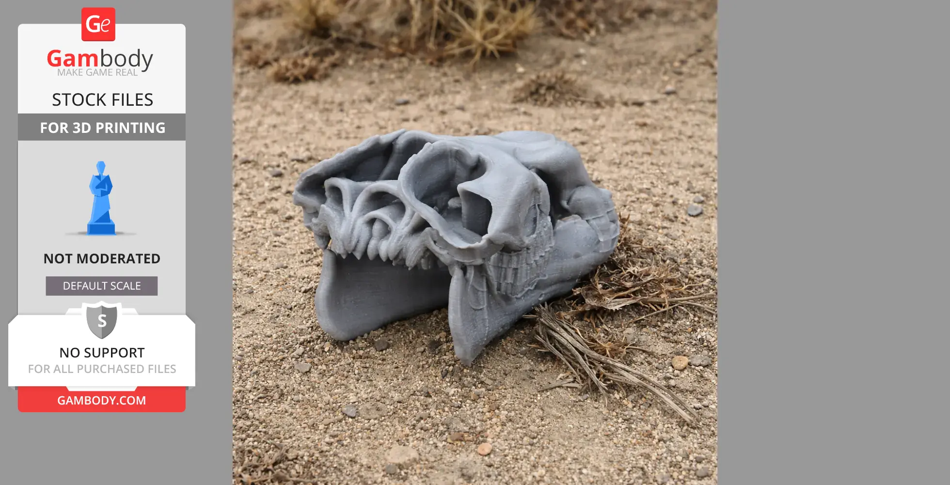 3D printed Bactrian camel skull model on sandy ground.