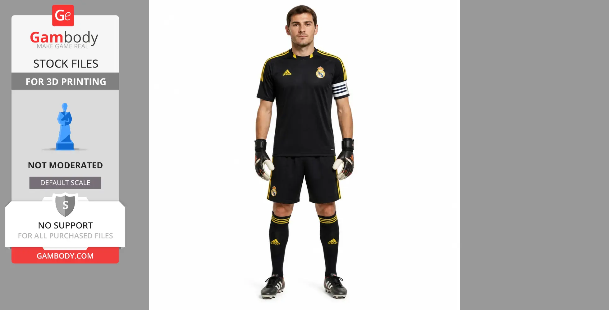 A 3D printable figurine model of a male soccer player wearing a black kit with yellow accents.