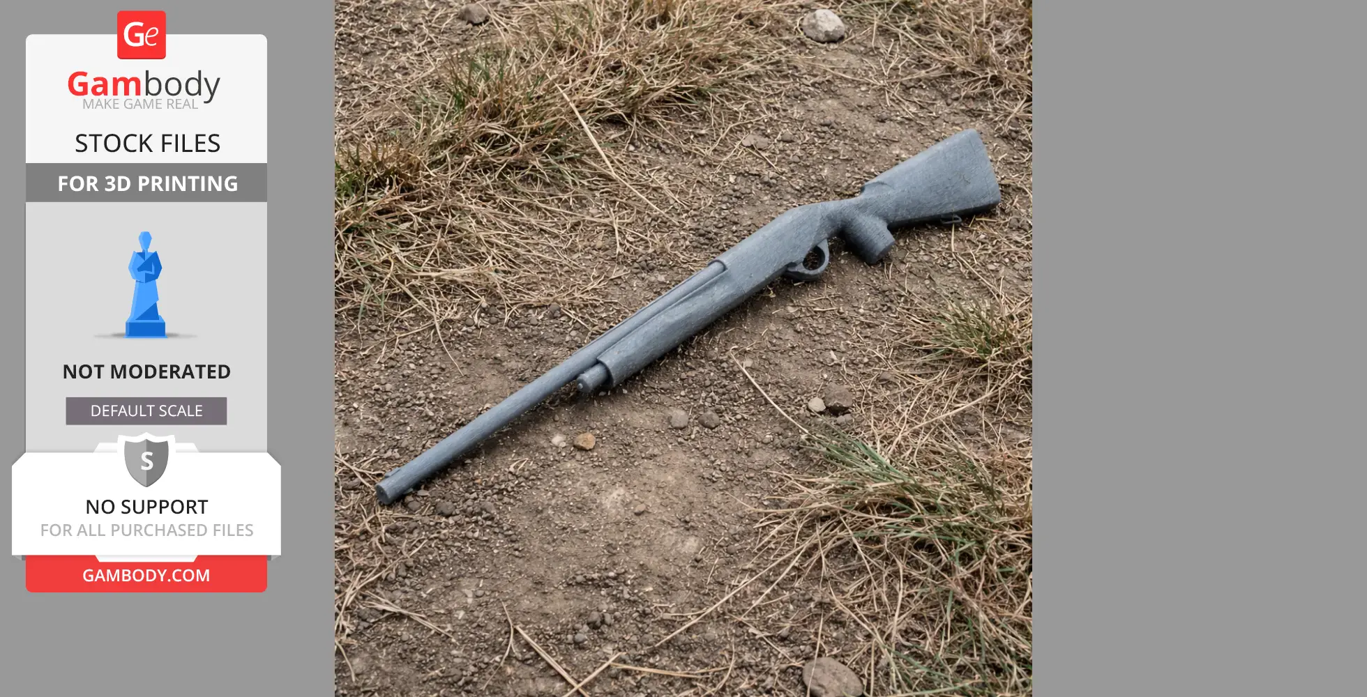 3D printed model of a Benelli Montefeltro shotgun lying on dry grass and dirt.
