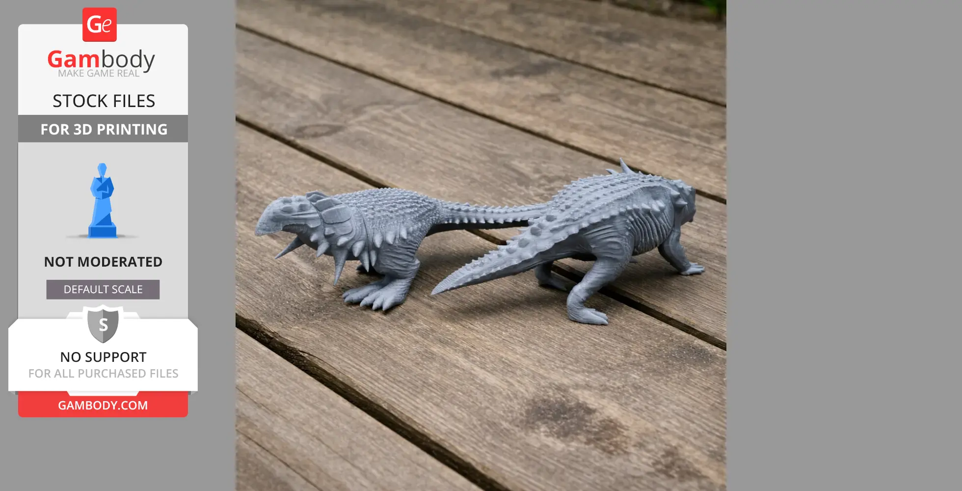 Gray 3D-printed model of Edmontonia dinosaur on wooden surface.