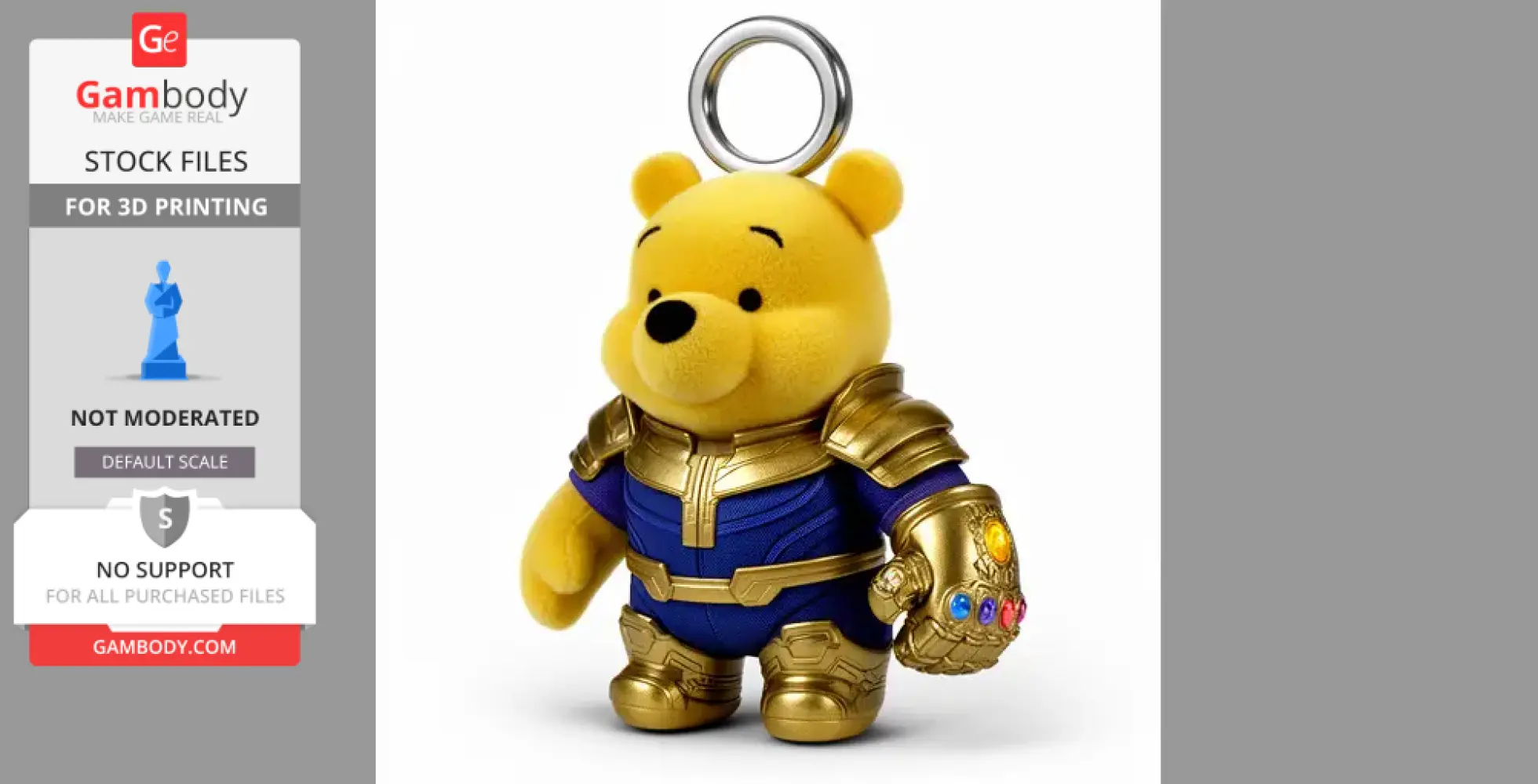 A fusion figure of Winnie the Pooh in Thanos armor with the Infinity Gauntlet, adapted for 3D printing.